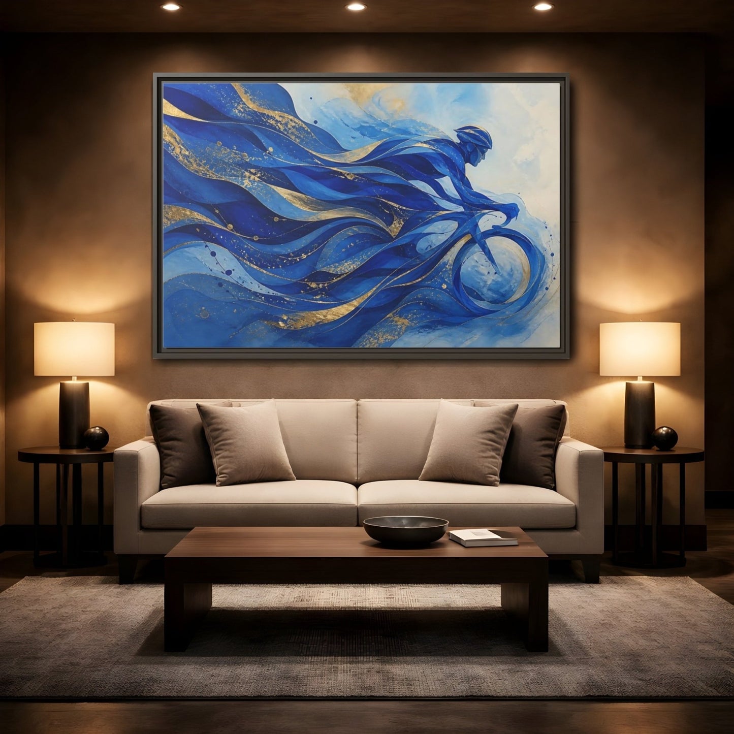 Sports Cyclist Blue And Gold Framed Canvas Print Wall Art – Abstract Living Room, Above Sofa - YesArtYes