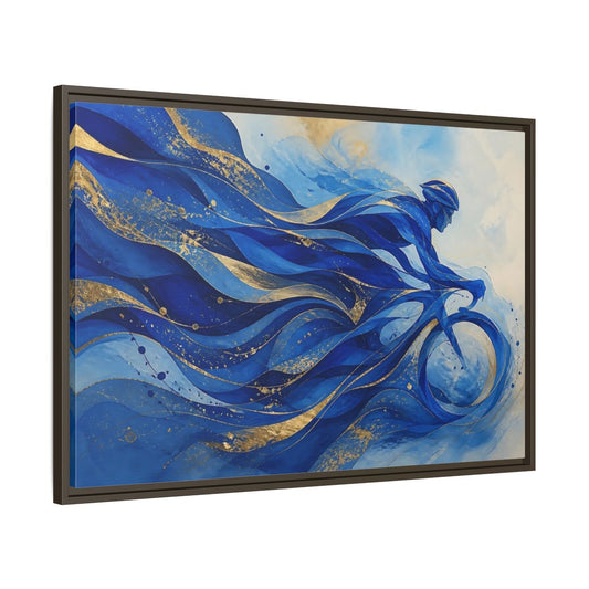 Sports Cyclist Blue And Gold Framed Canvas Print Wall Art – Abstract Living Room, Above Sofa - YesArtYes