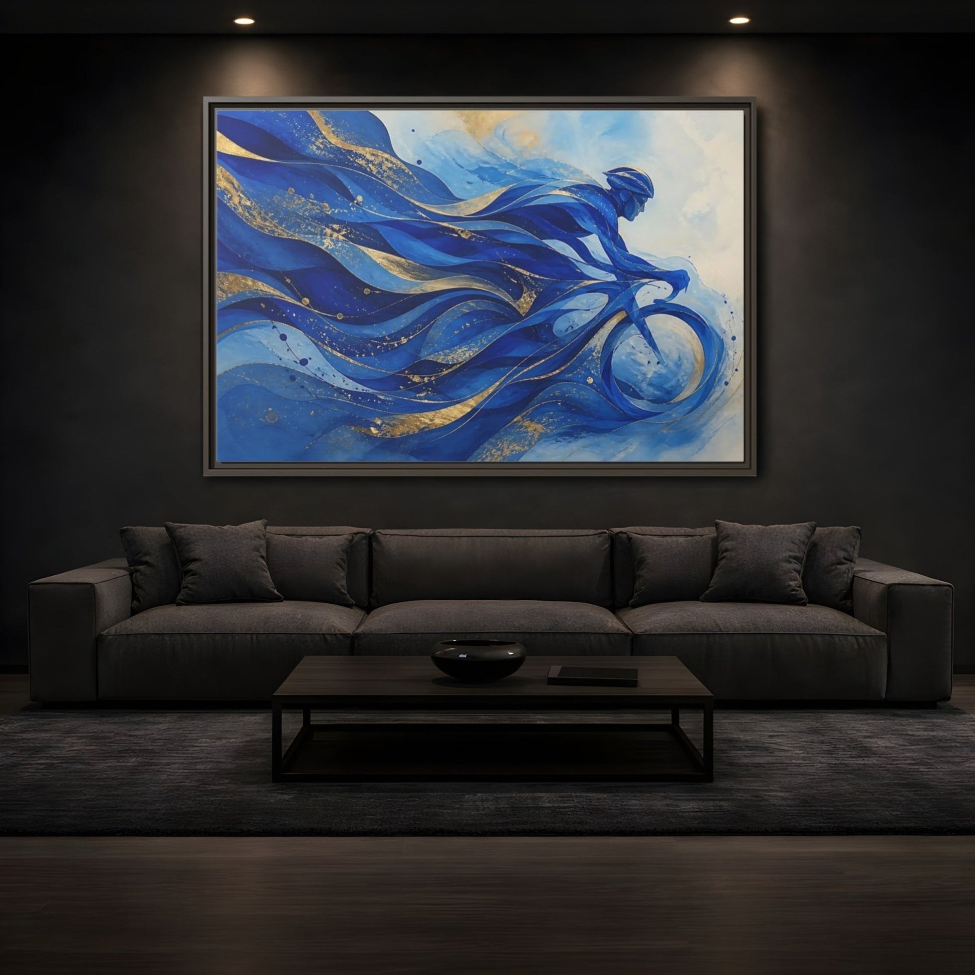 Sports Cyclist Blue And Gold Framed Canvas Print Wall Art – Abstract Living Room, Above Sofa - YesArtYes