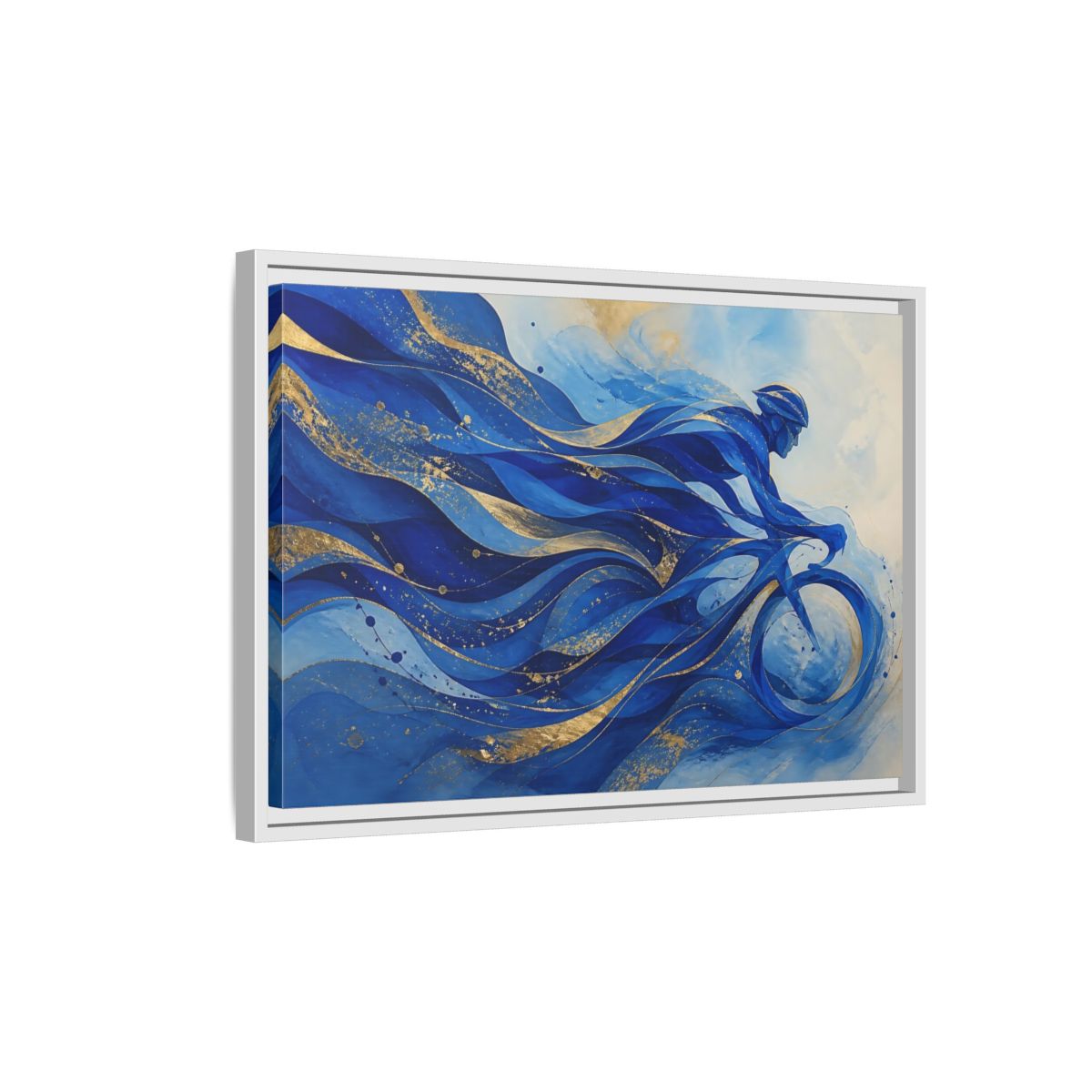 Side Mockup 1. Sports Cyclist Blue And Gold shown as framed canvas print