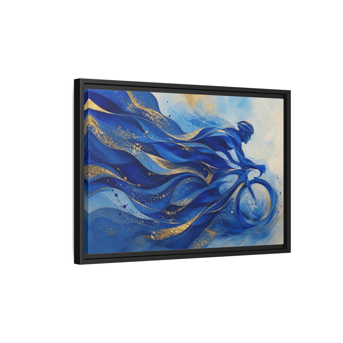 Side Mockup 3. Sports Cyclist Blue And Gold shown as framed canvas print
