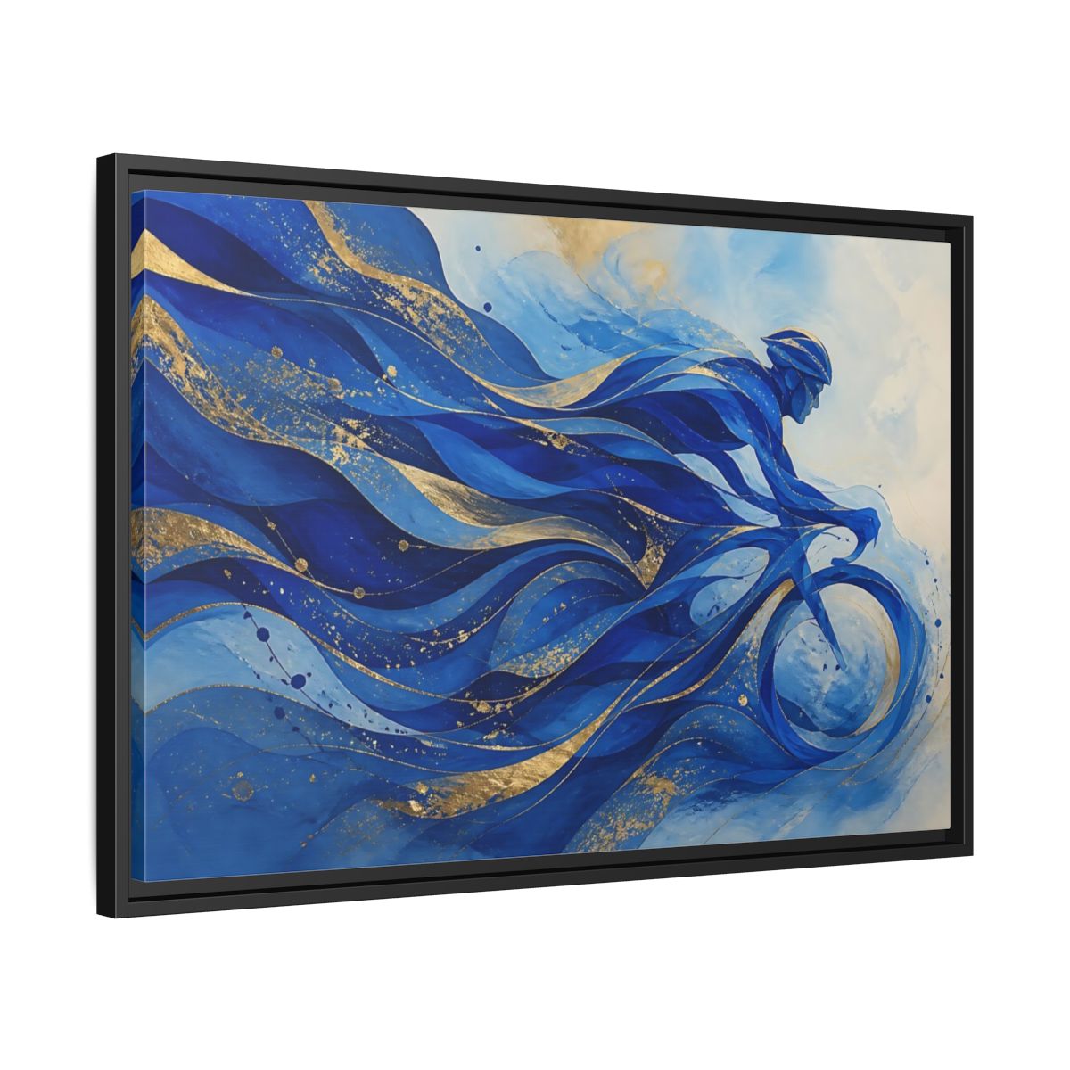 Side Mockup 14. Sports Cyclist Blue And Gold shown as framed canvas print