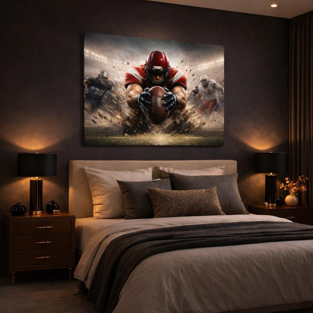 Sports Football Player Red Football Action shown as canvas wall art in a luxury bedroom
