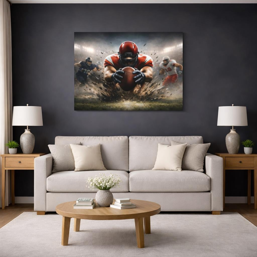 Sports Football Player Red Football Action shown as canvas wall art in a modern living room