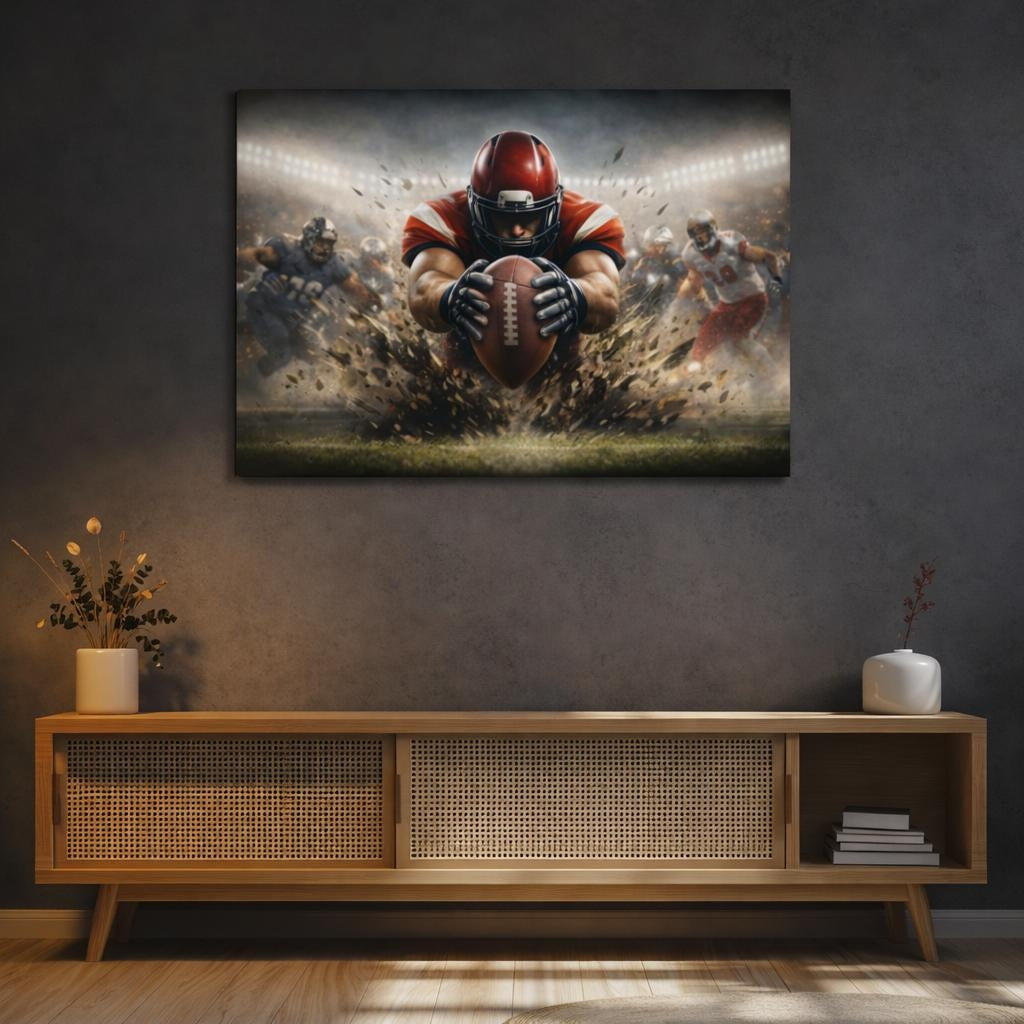 Sports Football Player Red Football Action shown as canvas wall art in a sophisticated contemporary living space