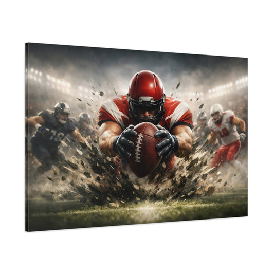 Sports Football Player Red Football Action shown as stretched canvas wall art