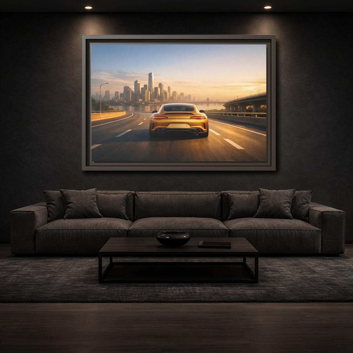 Mockup 2. Sports Gold Sports Car Gold Sports Car shown as stretched canvas wall art
