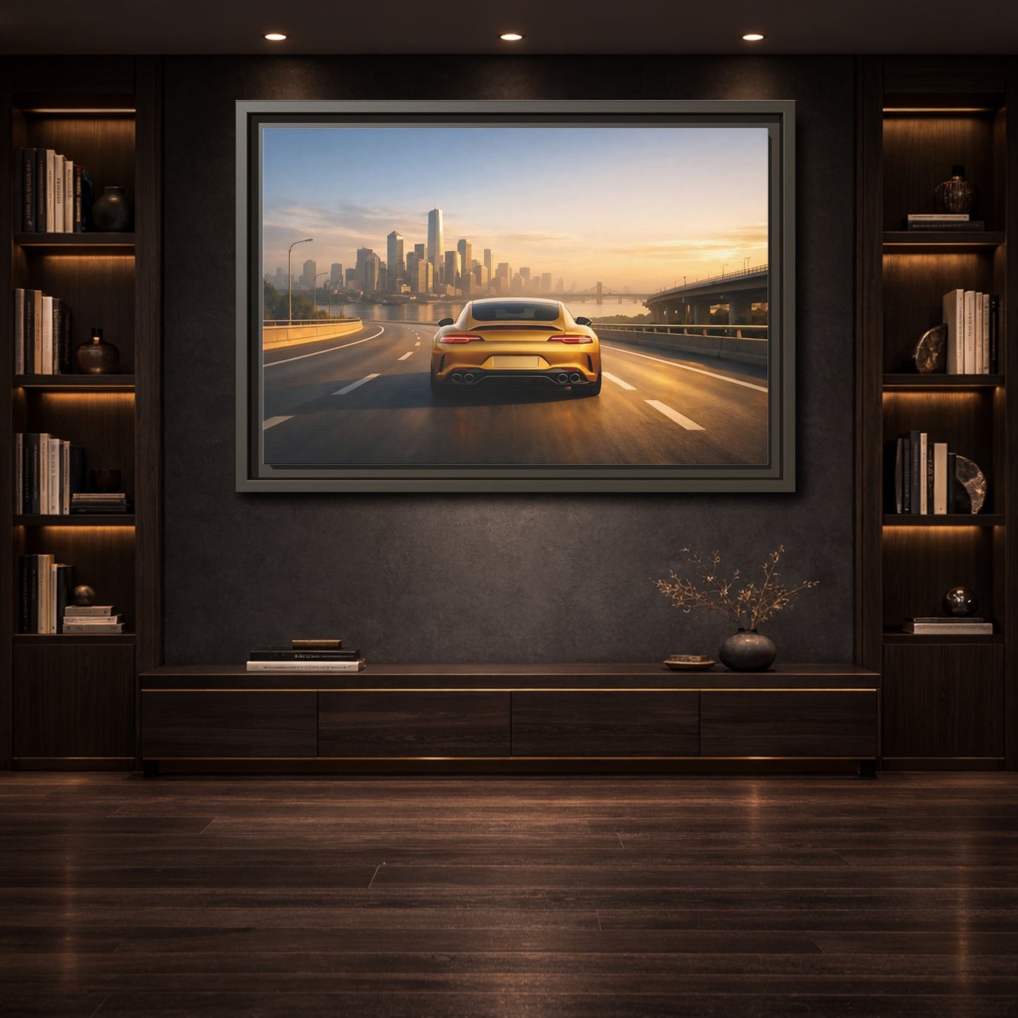 Mockup 3. Sports Gold Sports Car Gold Sports Car shown as stretched canvas wall art