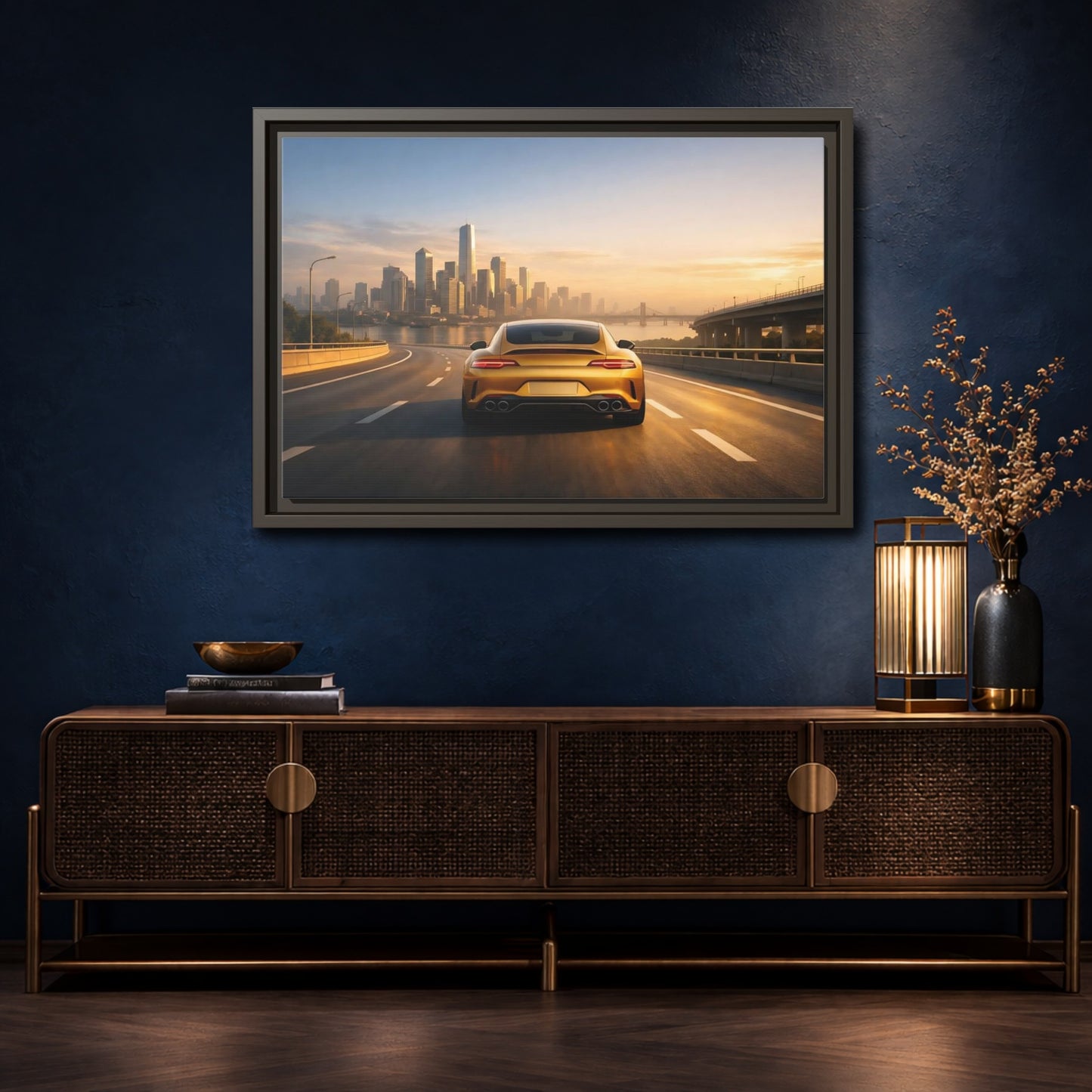 Mockup 4. Sports Gold Sports Car Gold Sports Car shown as stretched canvas wall art