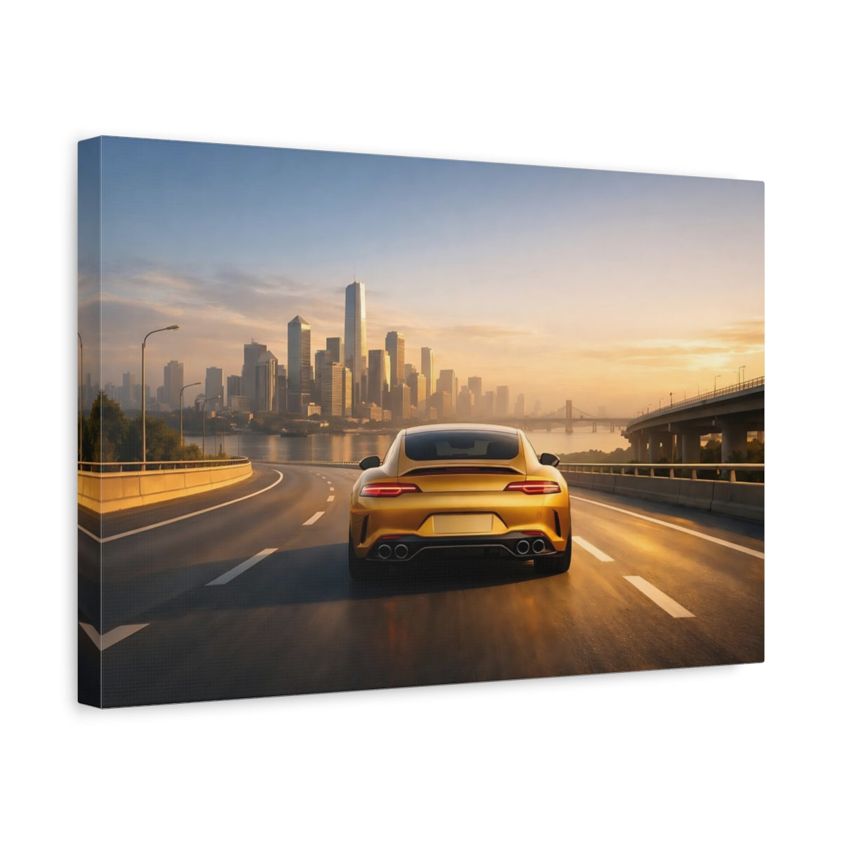 Side Mockup 4. Sports Golden Car Golden Car City shown as stretched canvas wall art
