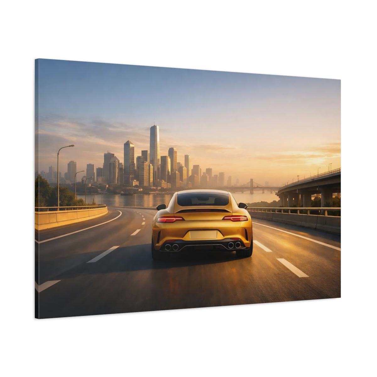 Main Mockup. Sports Golden Car Golden Car City shown as stretched canvas wall art