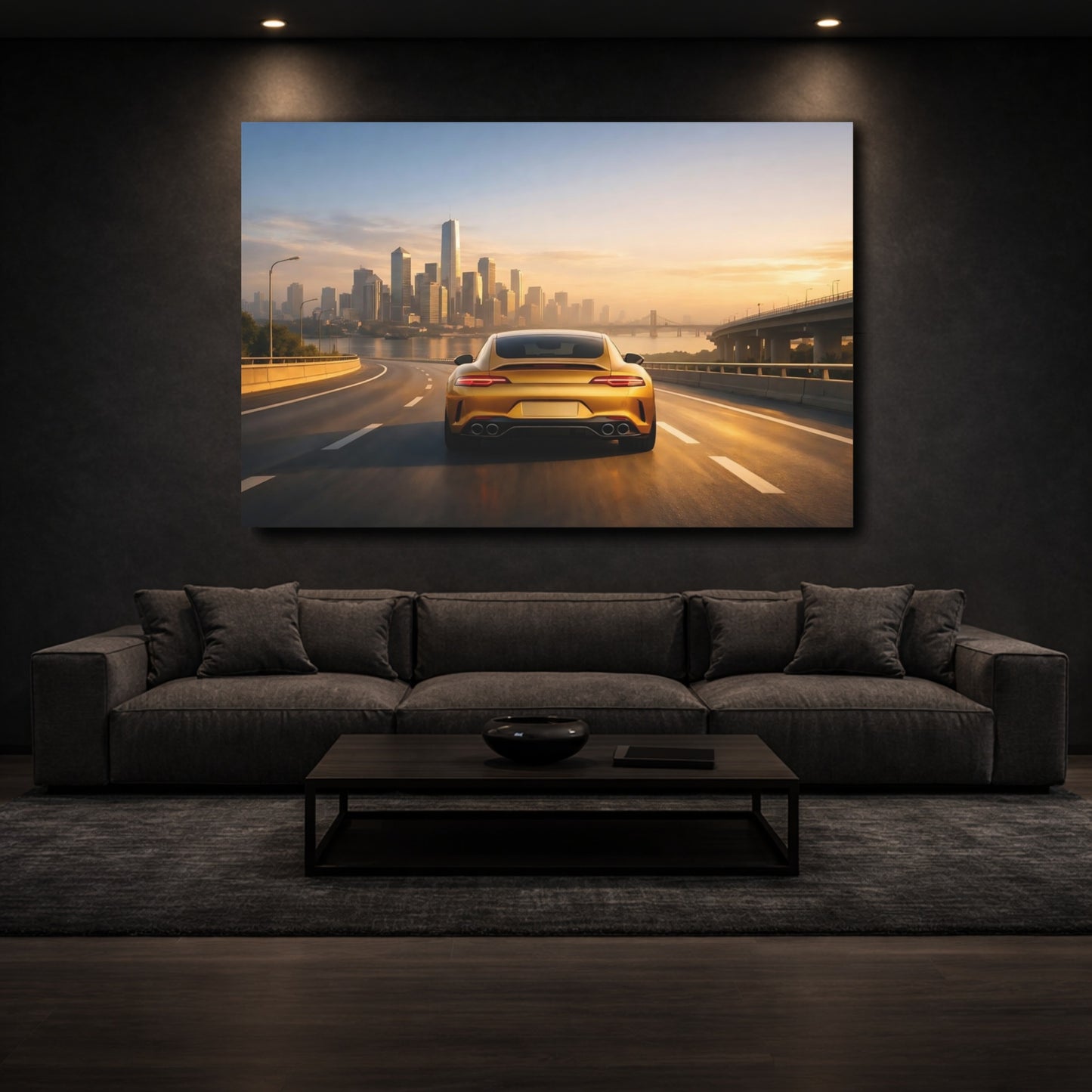 Mockup 2. Sports Golden Car Golden Car City shown as stretched canvas wall art