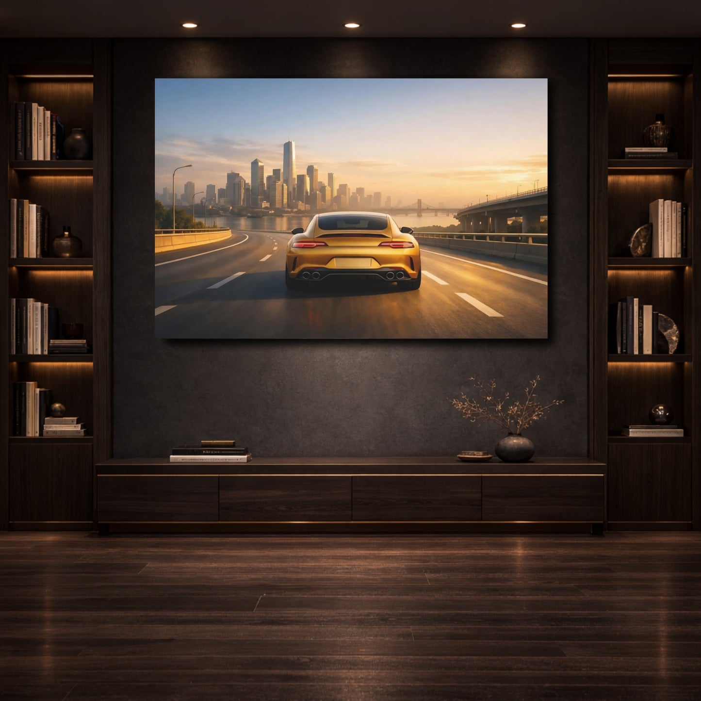Mockup 3. Sports Golden Car Golden Car City shown as stretched canvas wall art