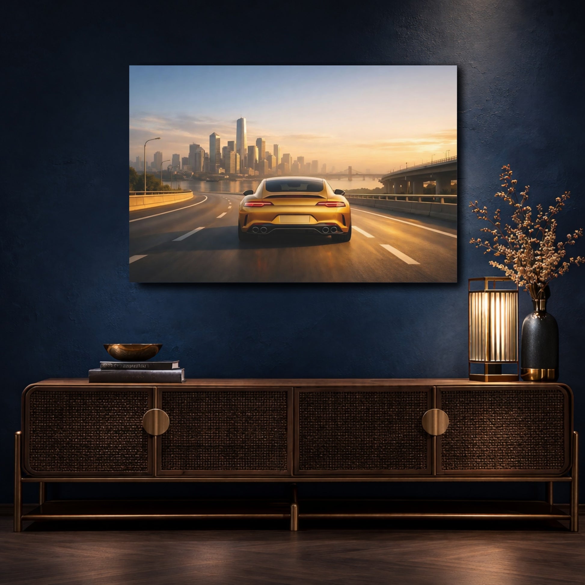 Mockup 4. Sports Golden Car Golden Car City shown as stretched canvas wall art