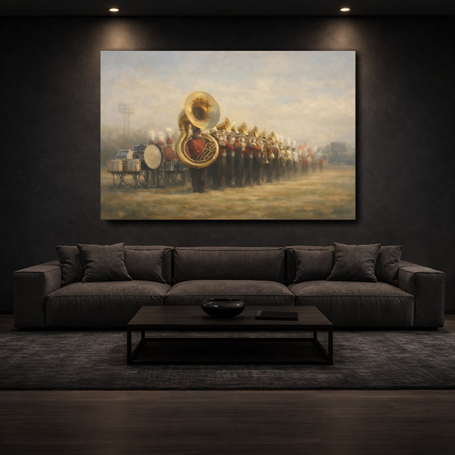 Mockup 2. Sports Marching Band Red Gold Band shown as stretched canvas wall art