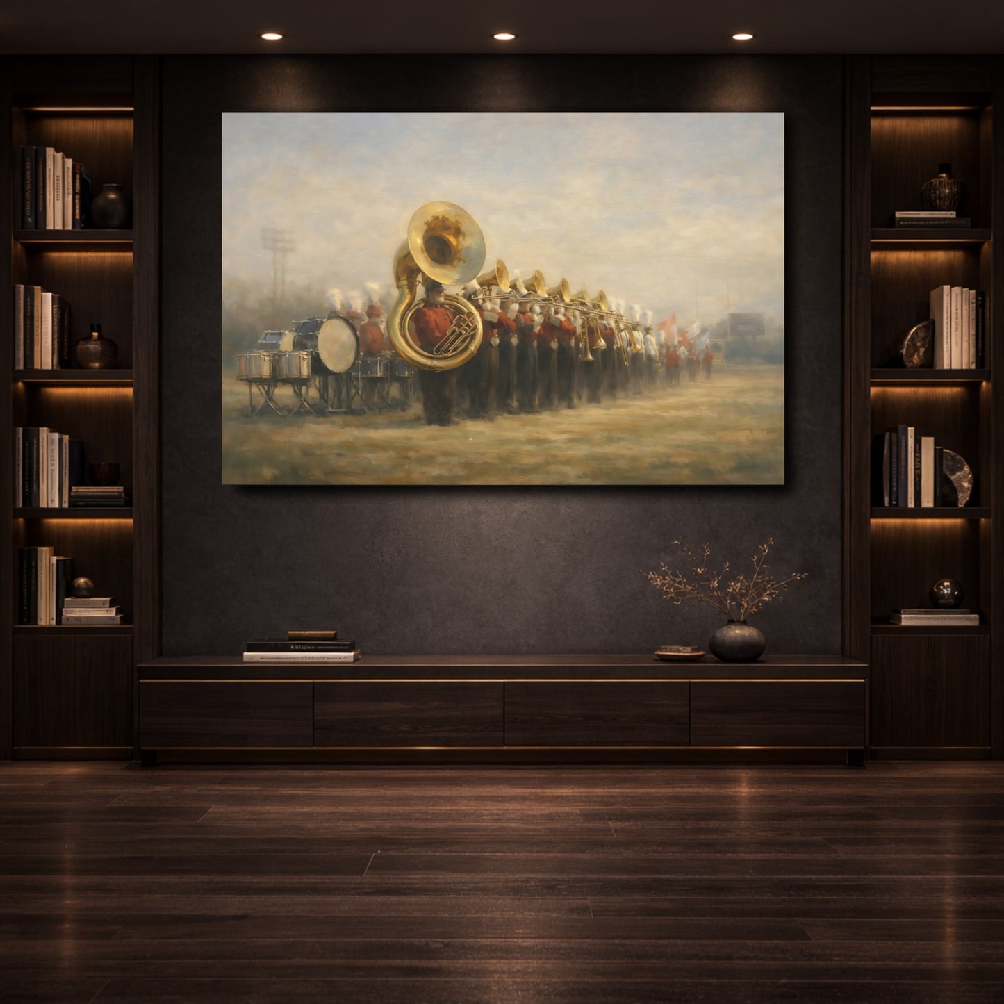 Mockup 3. Sports Marching Band Red Gold Band shown as stretched canvas wall art