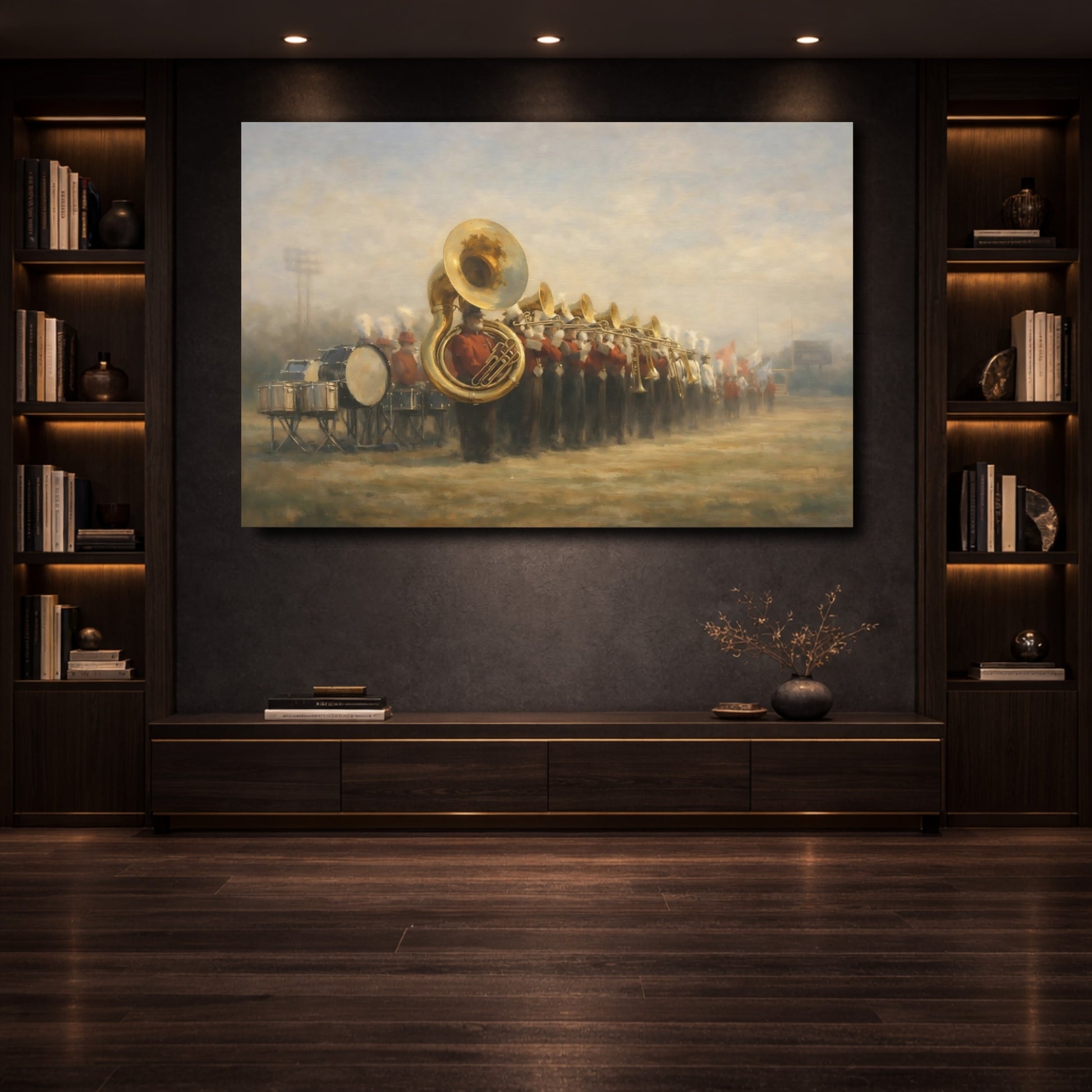 Mockup 3. Sports Marching Band Red Gold Band shown as stretched canvas wall art