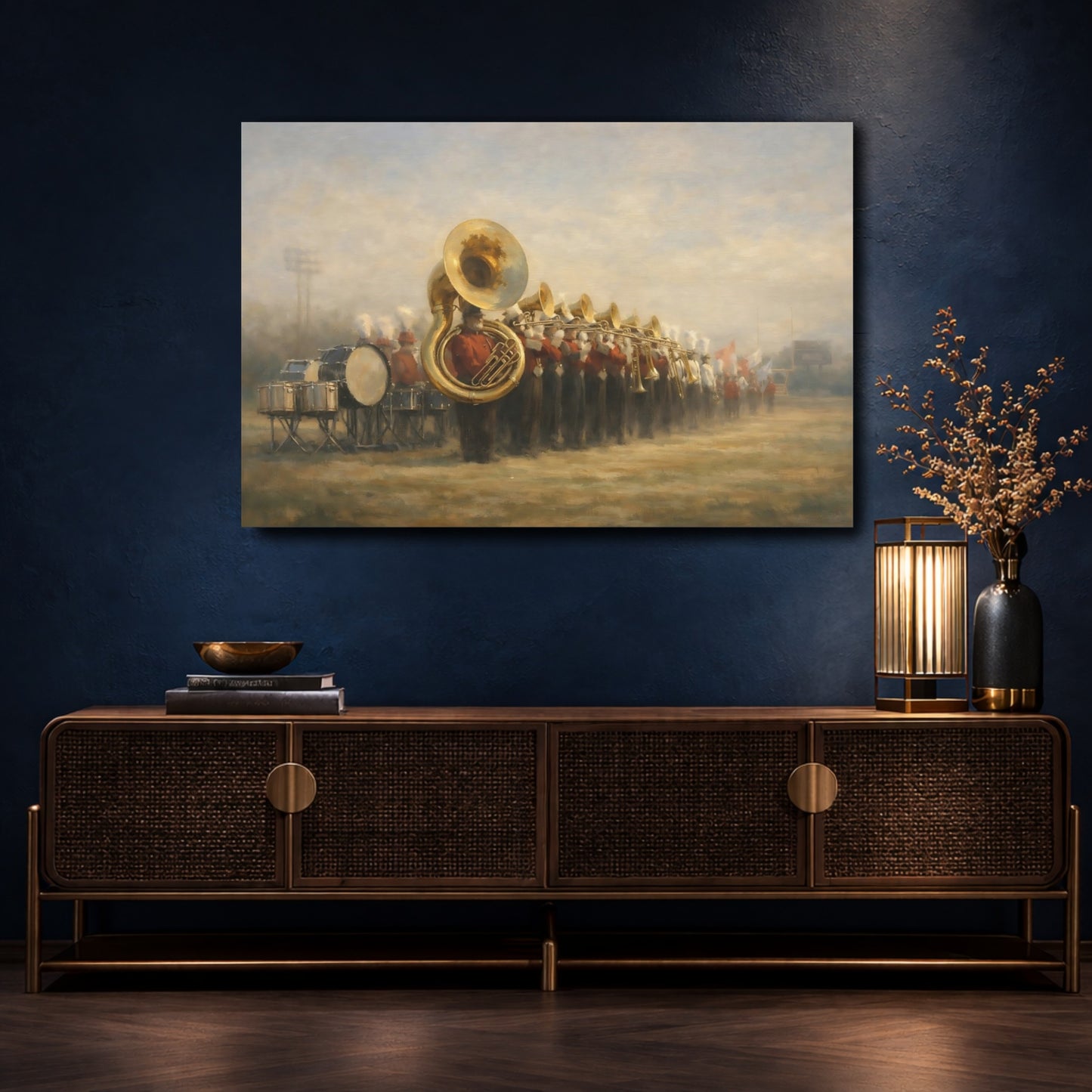 Mockup 4. Sports Marching Band Red Gold Band shown as stretched canvas wall art