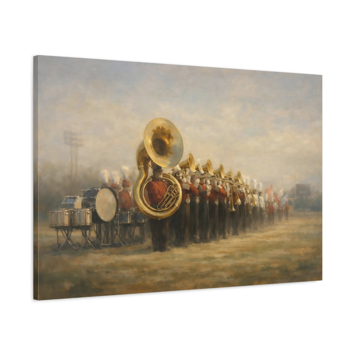 Side Mockup 1. Sports Marching Band Red Gold Band shown as stretched canvas wall art