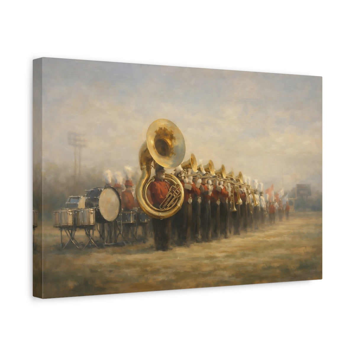 Side Mockup 4. Sports Marching Band Red Gold Band shown as stretched canvas wall art