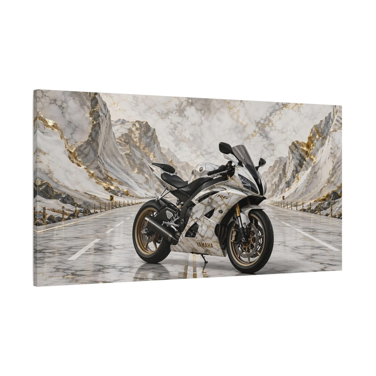 Side Mockup 2. Sports Sport Motorcycle White And Gold shown as stretched canvas wall art