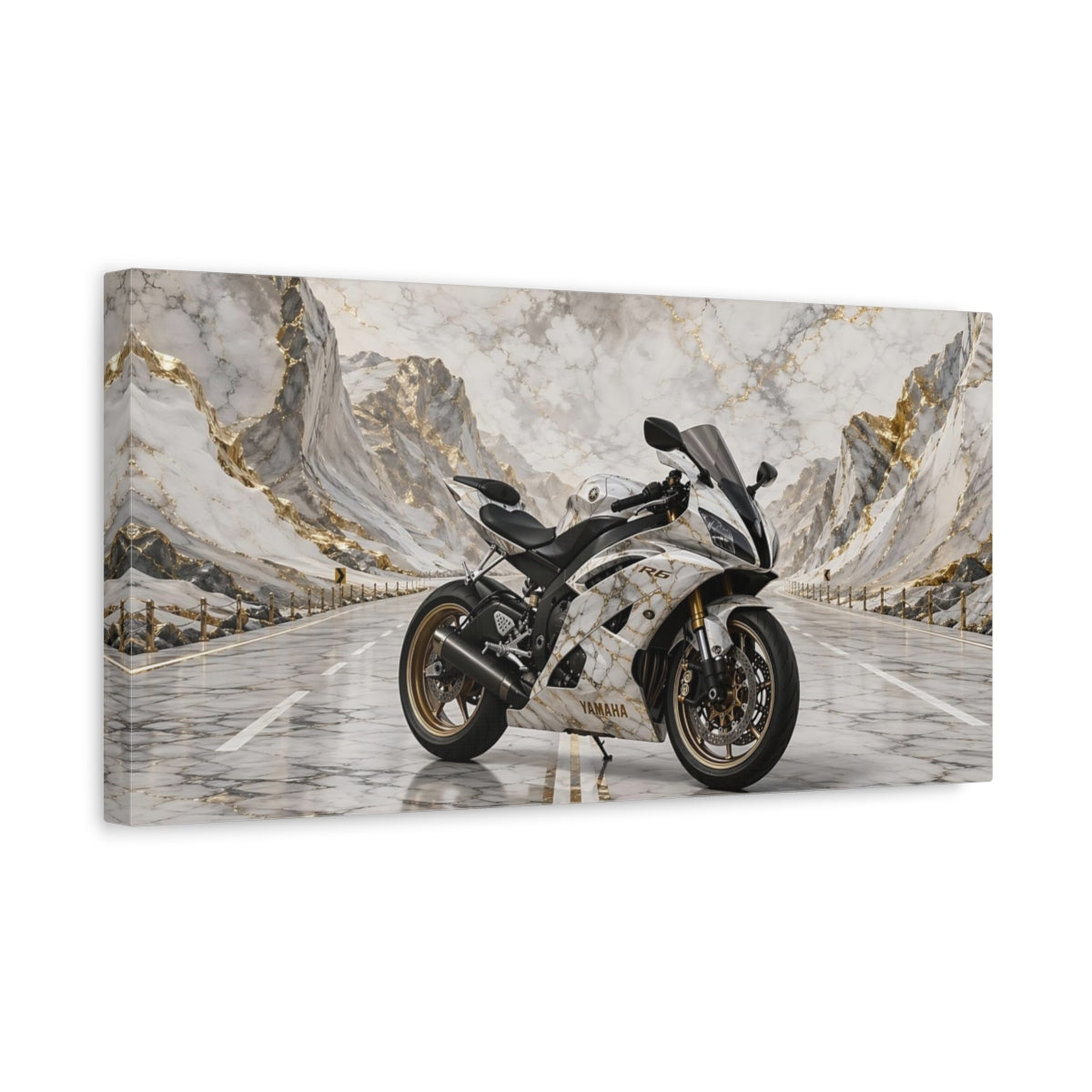 Side Mockup 3. Sports Sport Motorcycle White And Gold shown as stretched canvas wall art