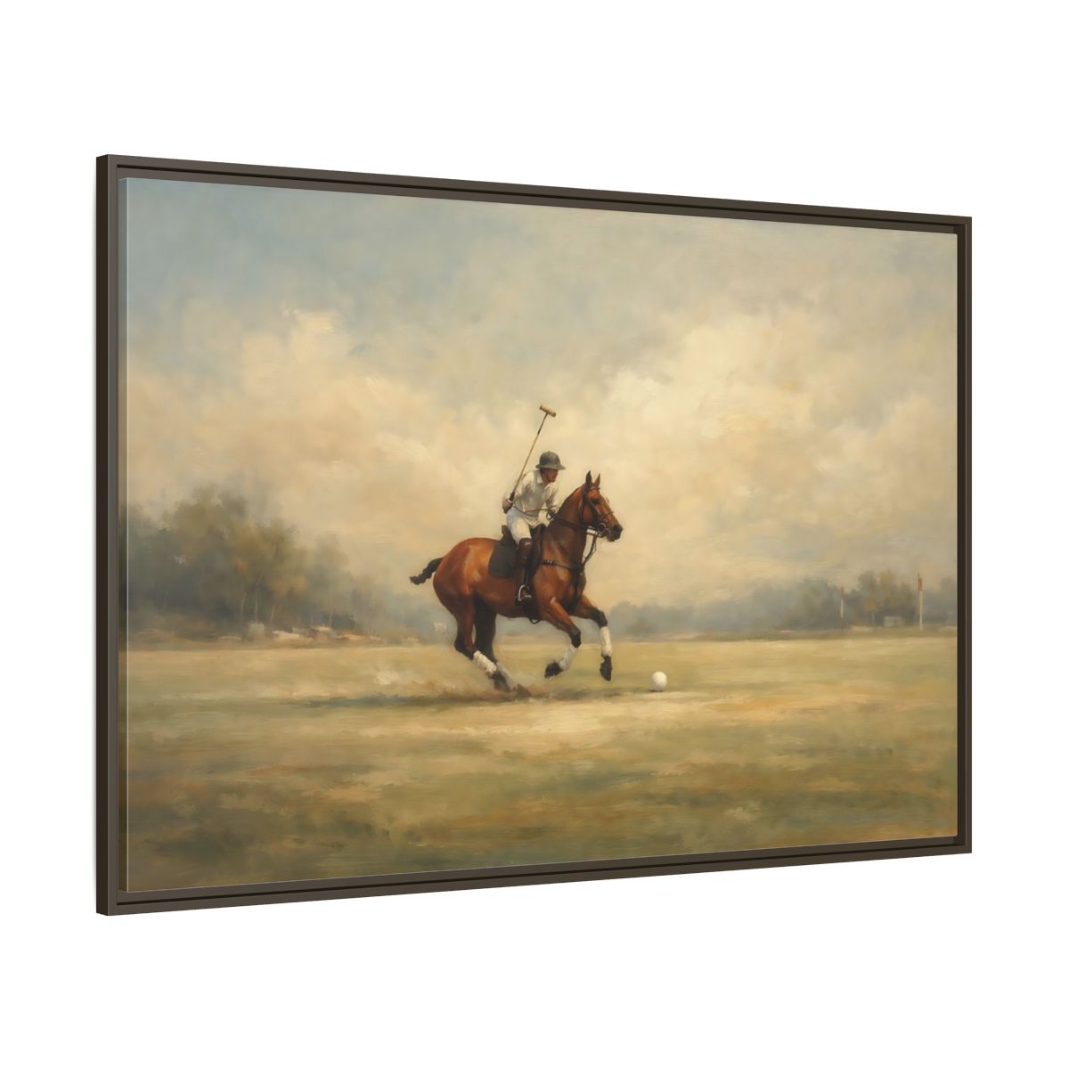 Main Mockup. Sports Polo Player Brown And Green shown as stretched canvas wall art