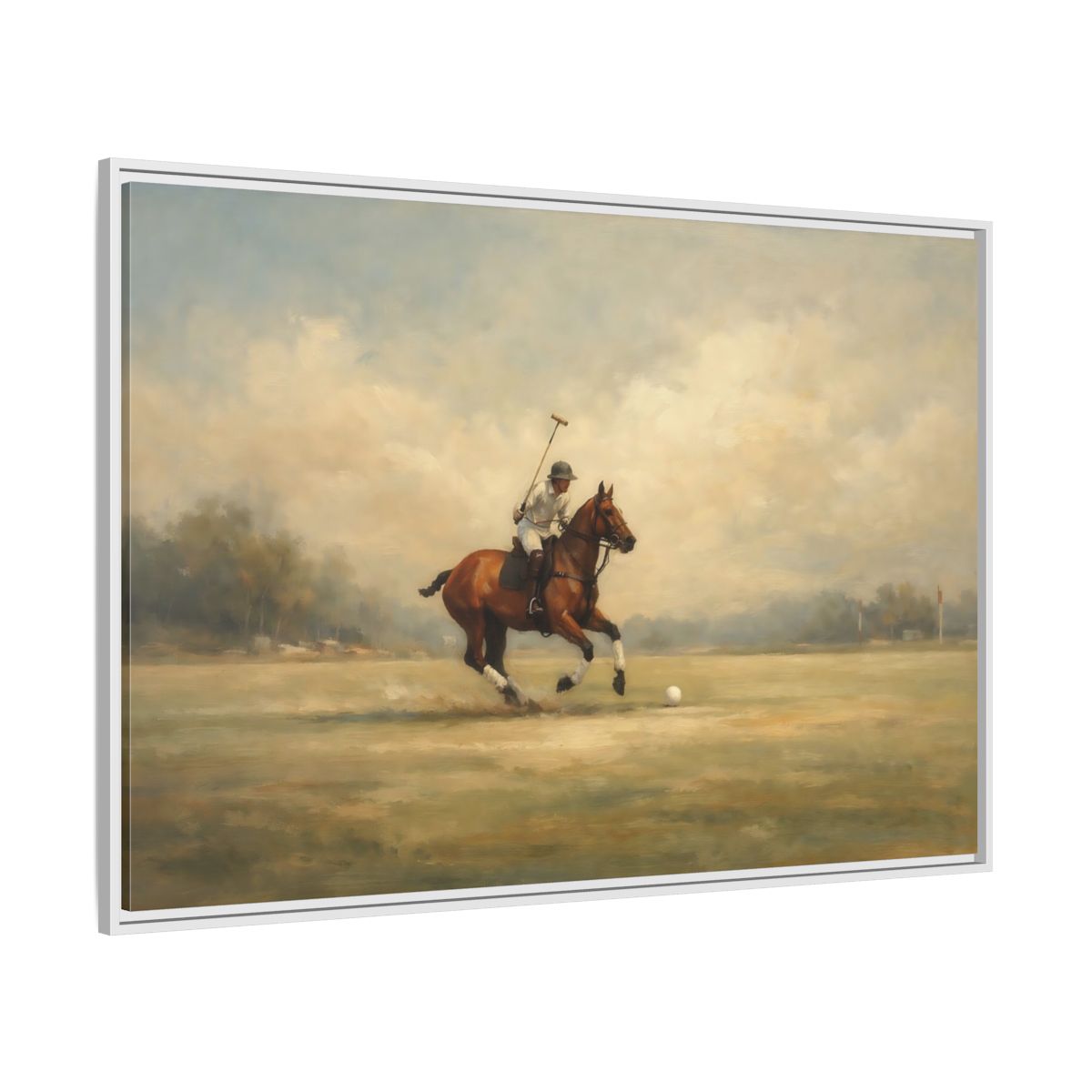 Side Mockup 7. Sports Polo Player Brown And Green shown as stretched canvas wall art