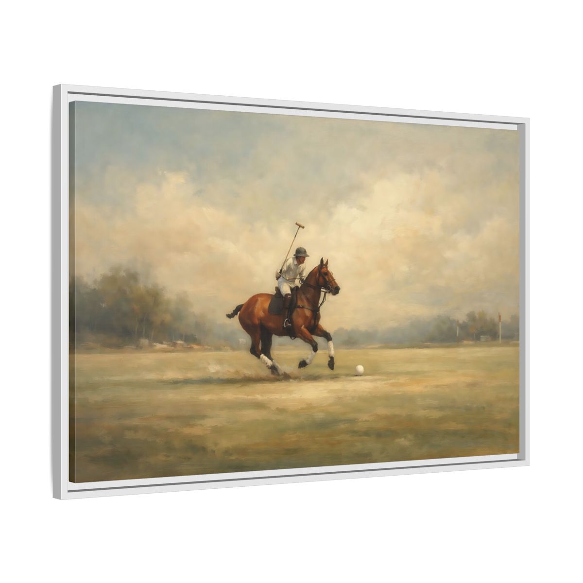 Side Mockup 8. Sports Polo Player Brown And Green shown as stretched canvas wall art
