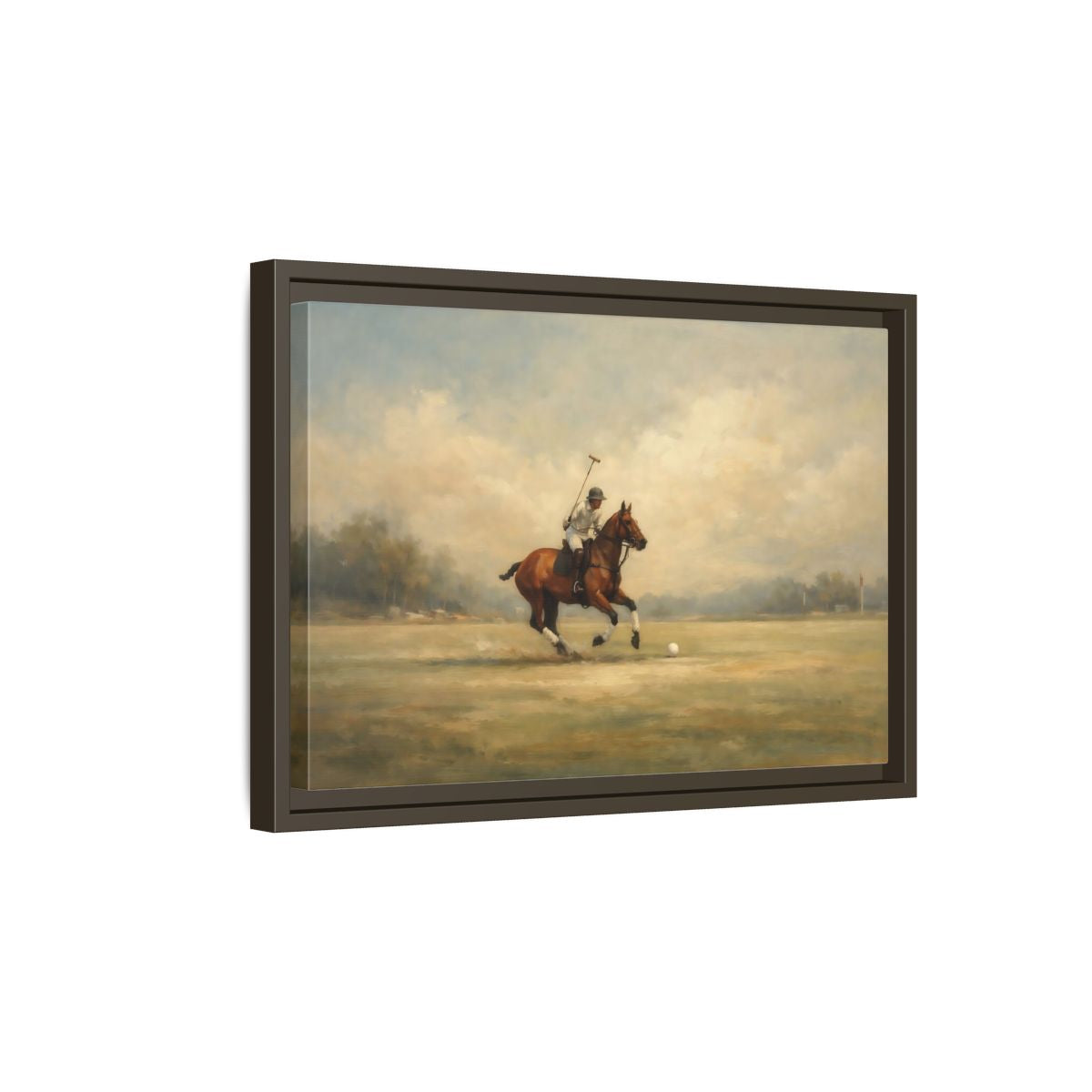 Side Mockup 5. Sports Polo Player Brown And Green shown as stretched canvas wall art