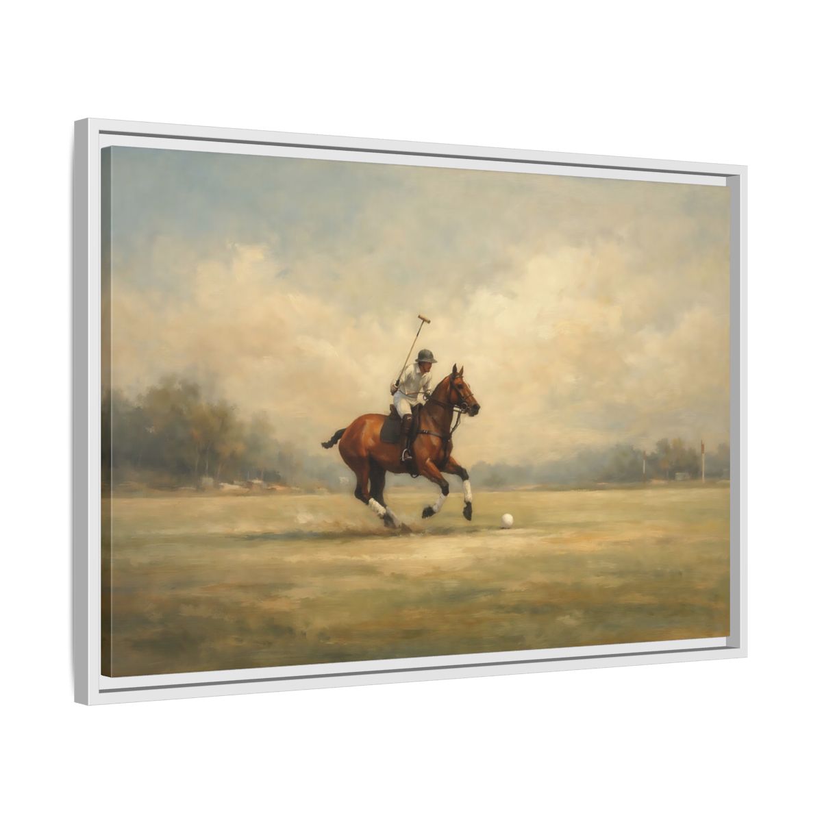 Side Mockup 10. Sports Polo Player Brown And Green shown as stretched canvas wall art