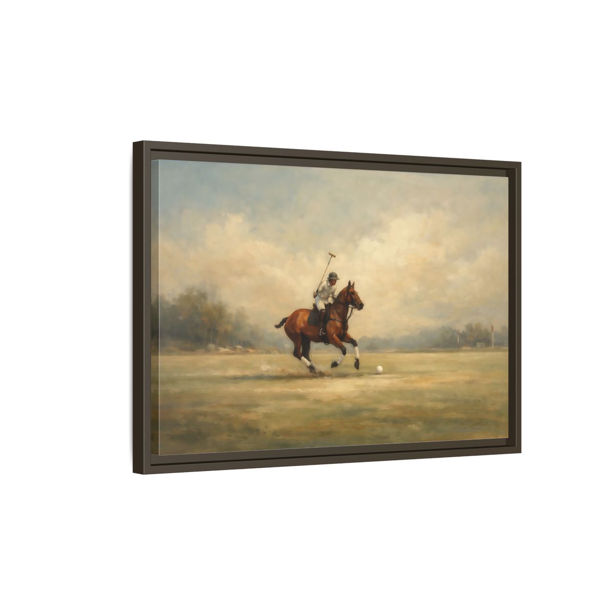 Side Mockup 2. Sports Polo Player Brown And Green shown as stretched canvas wall art