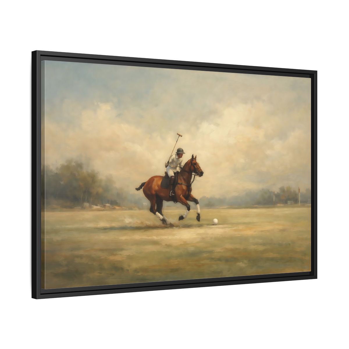 Side Mockup 13. Sports Polo Player Brown And Green shown as stretched canvas wall art