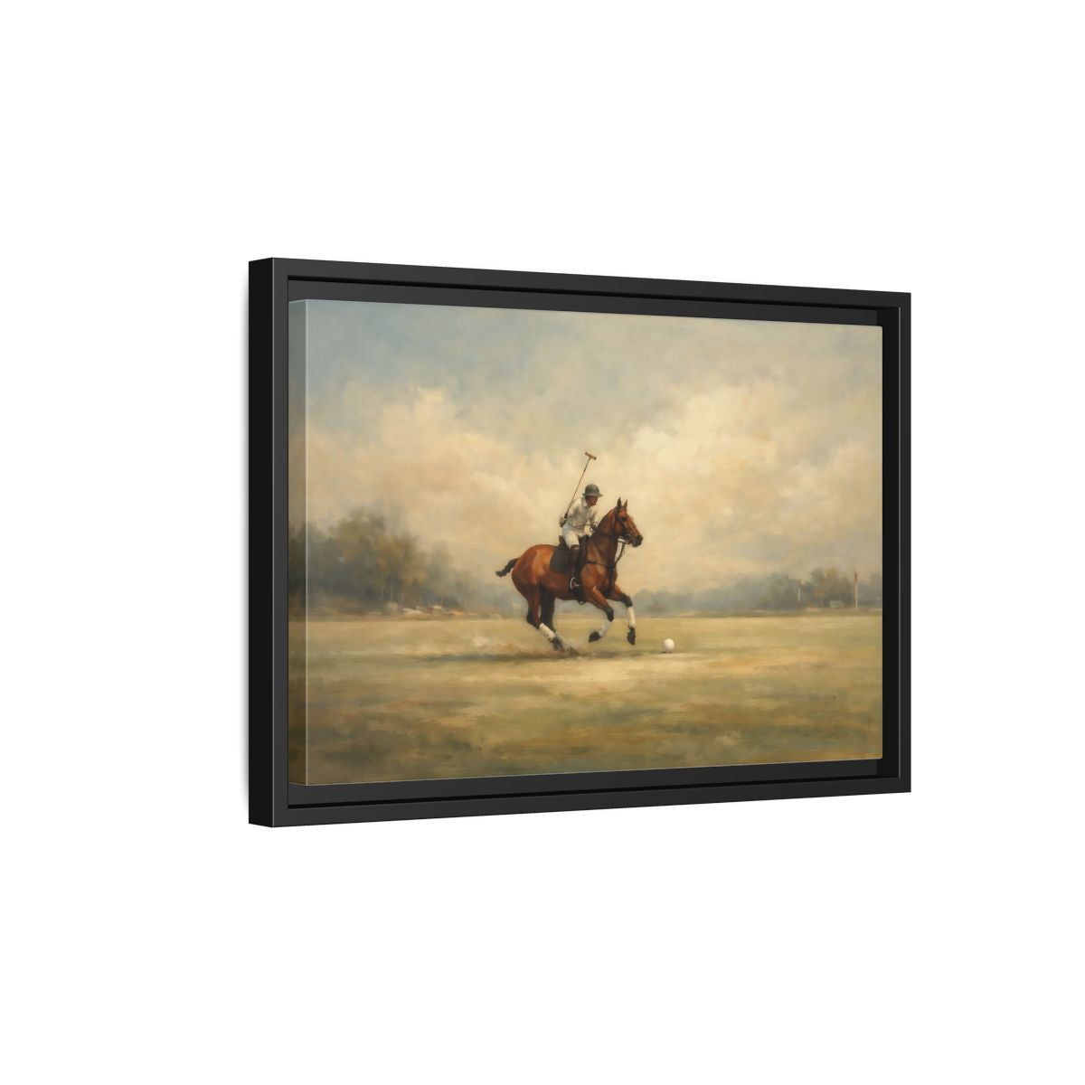 Side Mockup 6. Sports Polo Player Brown And Green shown as stretched canvas wall art