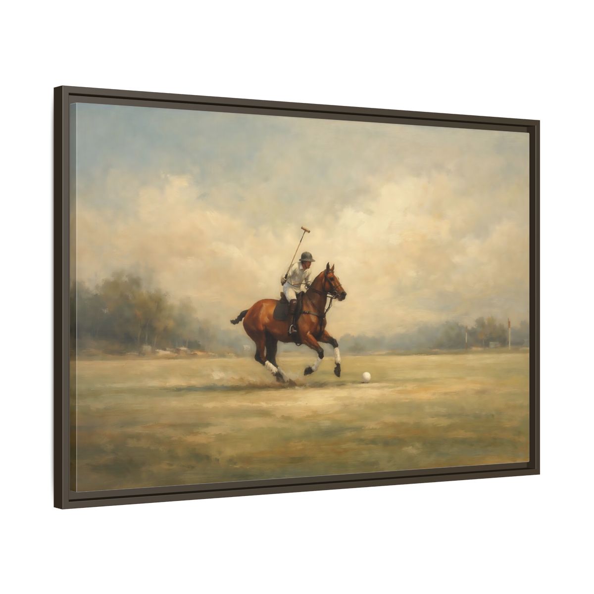 Side Mockup 9. Sports Polo Player Brown And Green shown as stretched canvas wall art