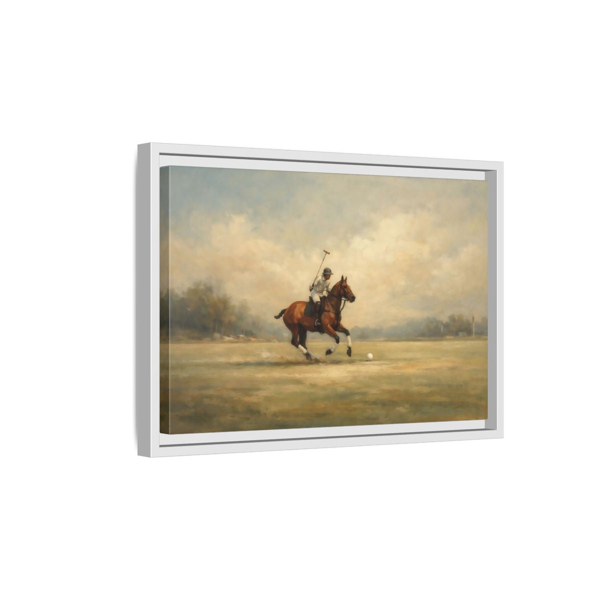 Side Mockup 4. Sports Polo Player Brown And Green shown as stretched canvas wall art