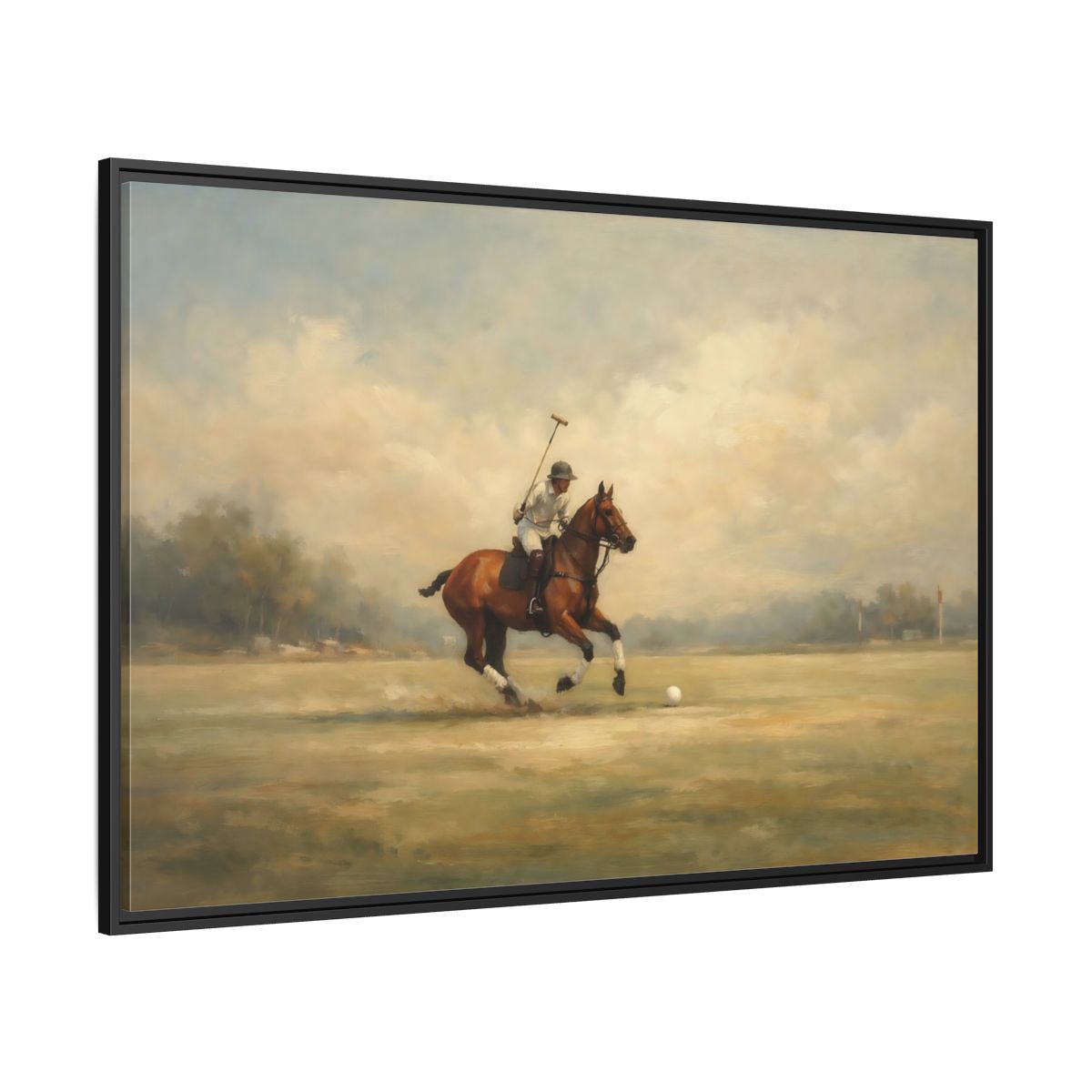 Side Mockup 12. Sports Polo Player Brown And Green shown as stretched canvas wall art