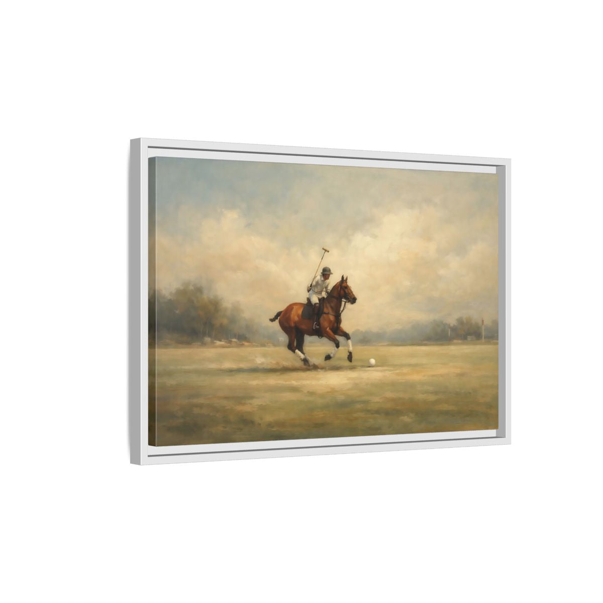 Side Mockup 1. Sports Polo Player Brown And Green shown as stretched canvas wall art