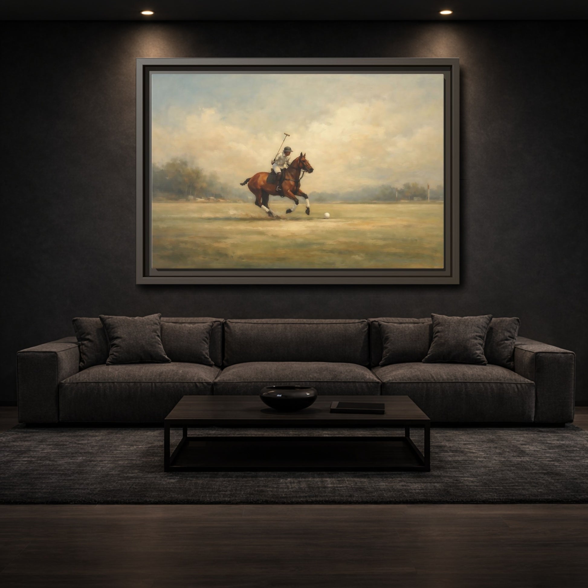 Mockup 2. Sports Polo Player Brown And Green shown as stretched canvas wall art
