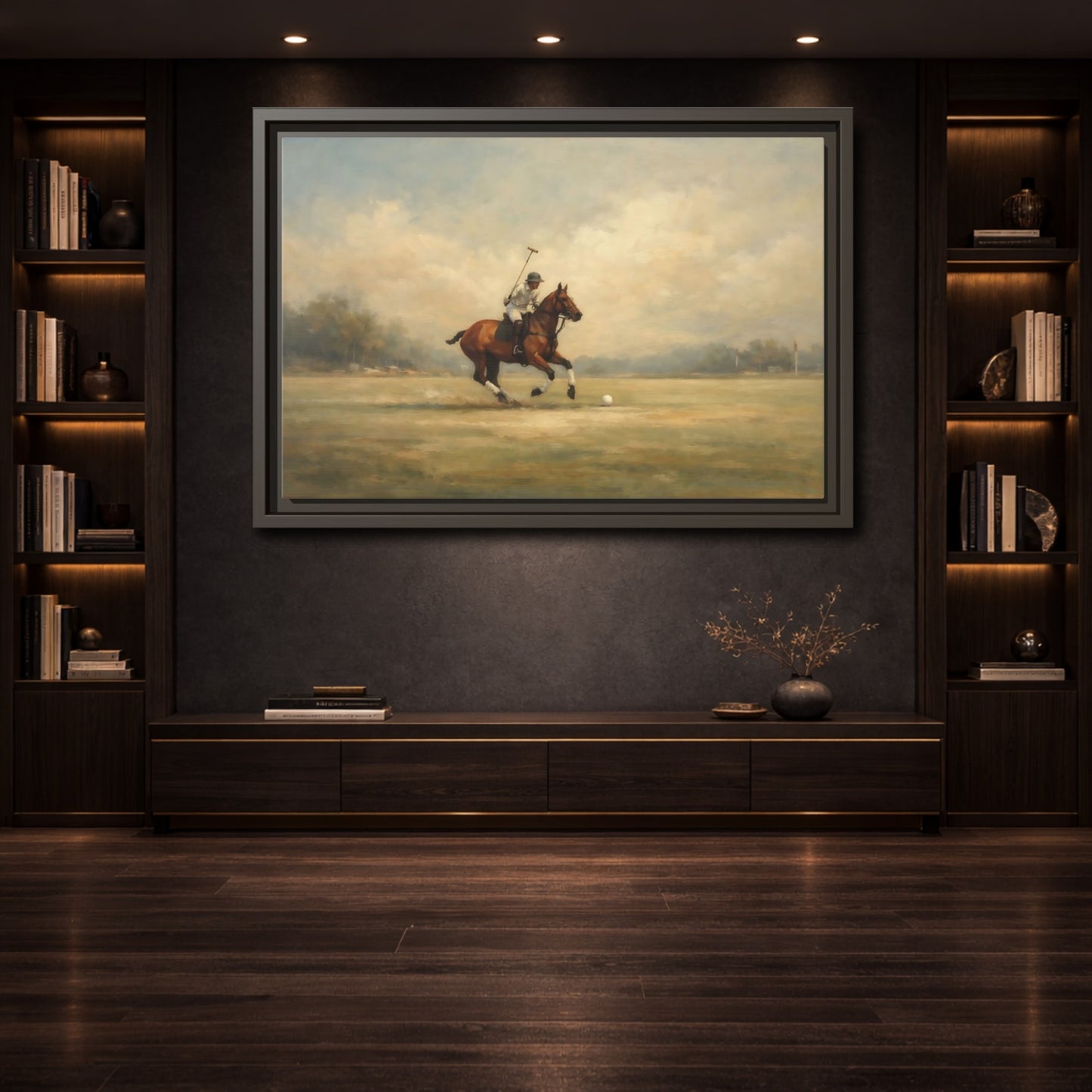 Mockup 3. Sports Polo Player Brown And Green shown as stretched canvas wall art