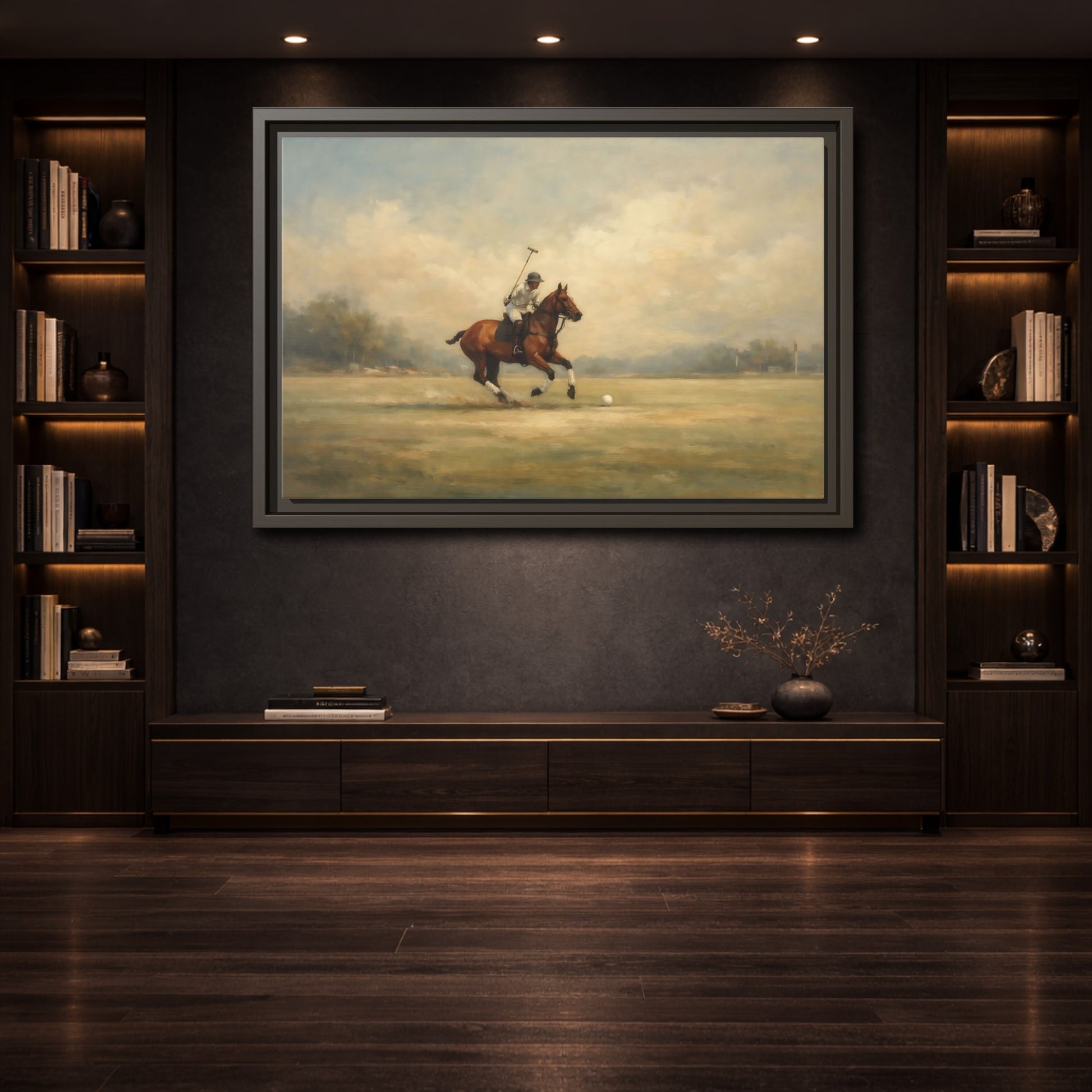 Mockup 3. Sports Polo Player Brown And Green shown as stretched canvas wall art