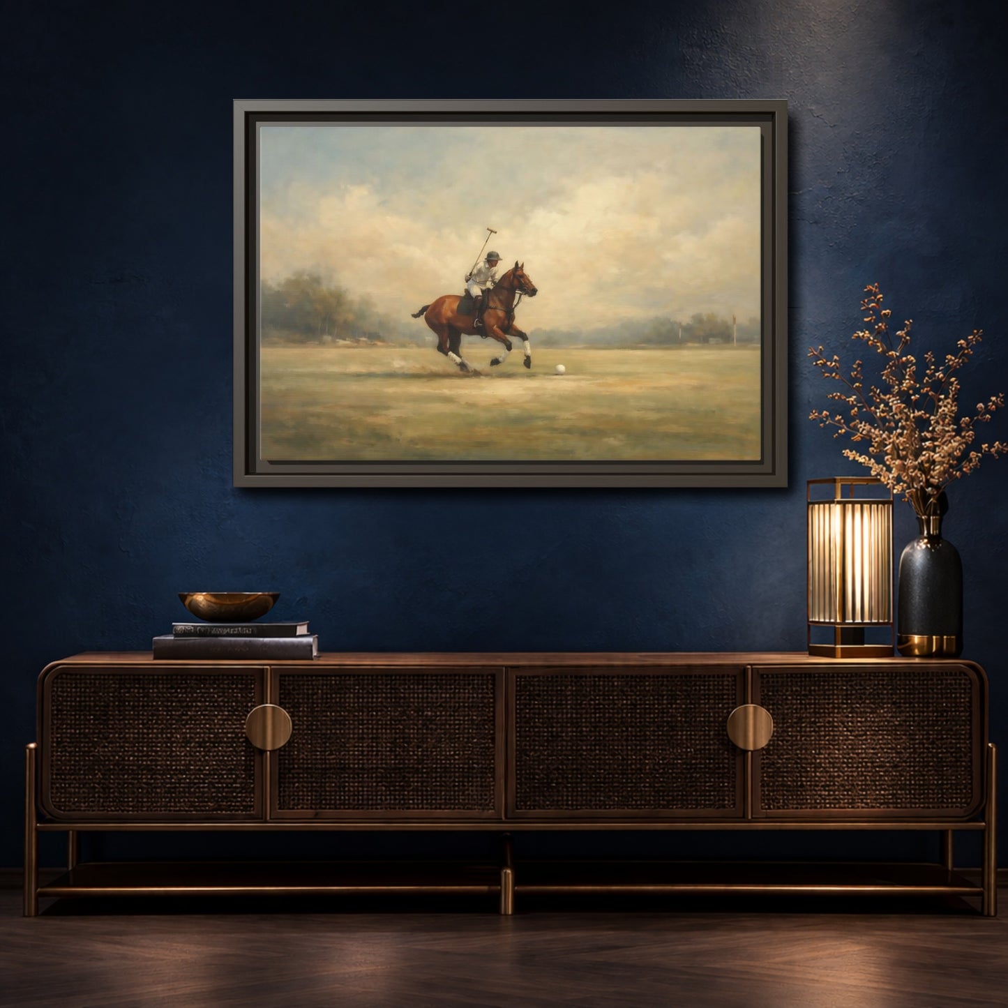 Mockup 4. Sports Polo Player Brown And Green shown as stretched canvas wall art