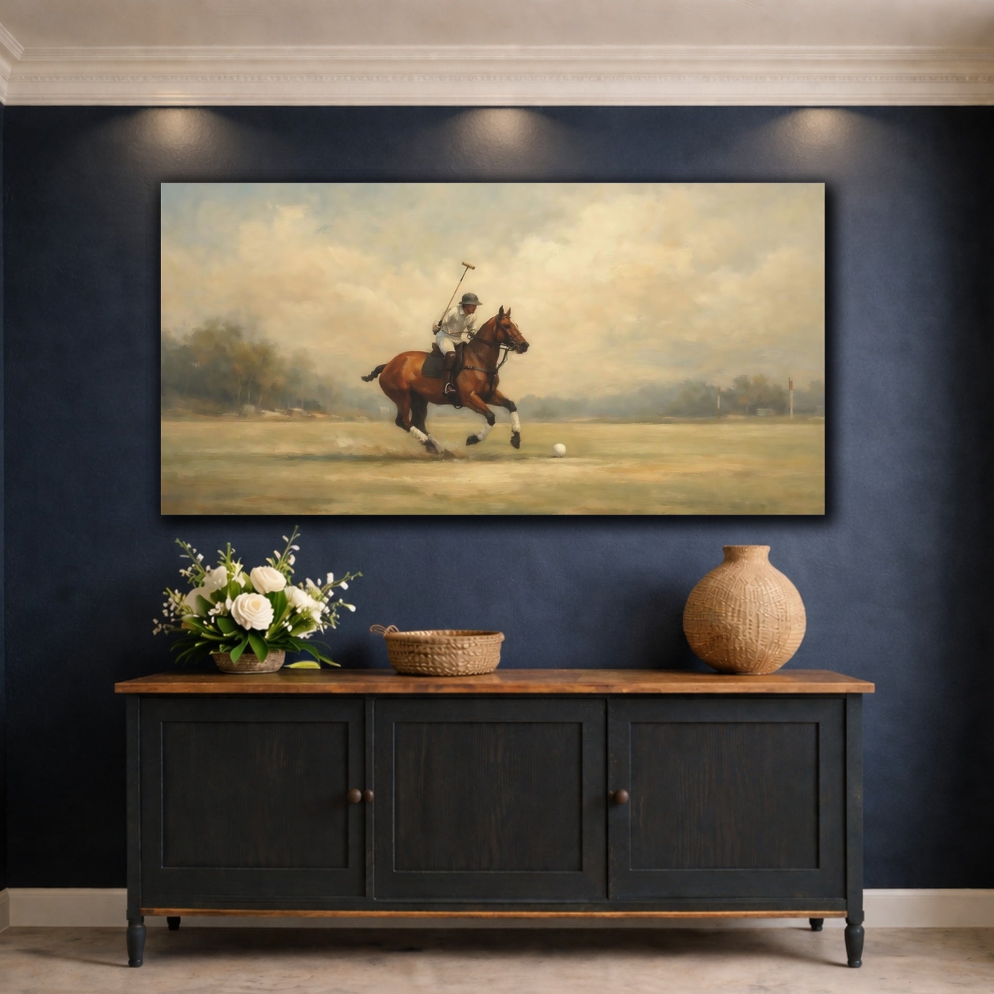 Mockup 4. Sports Polo Player Equestrian Polo shown as stretched canvas wall art