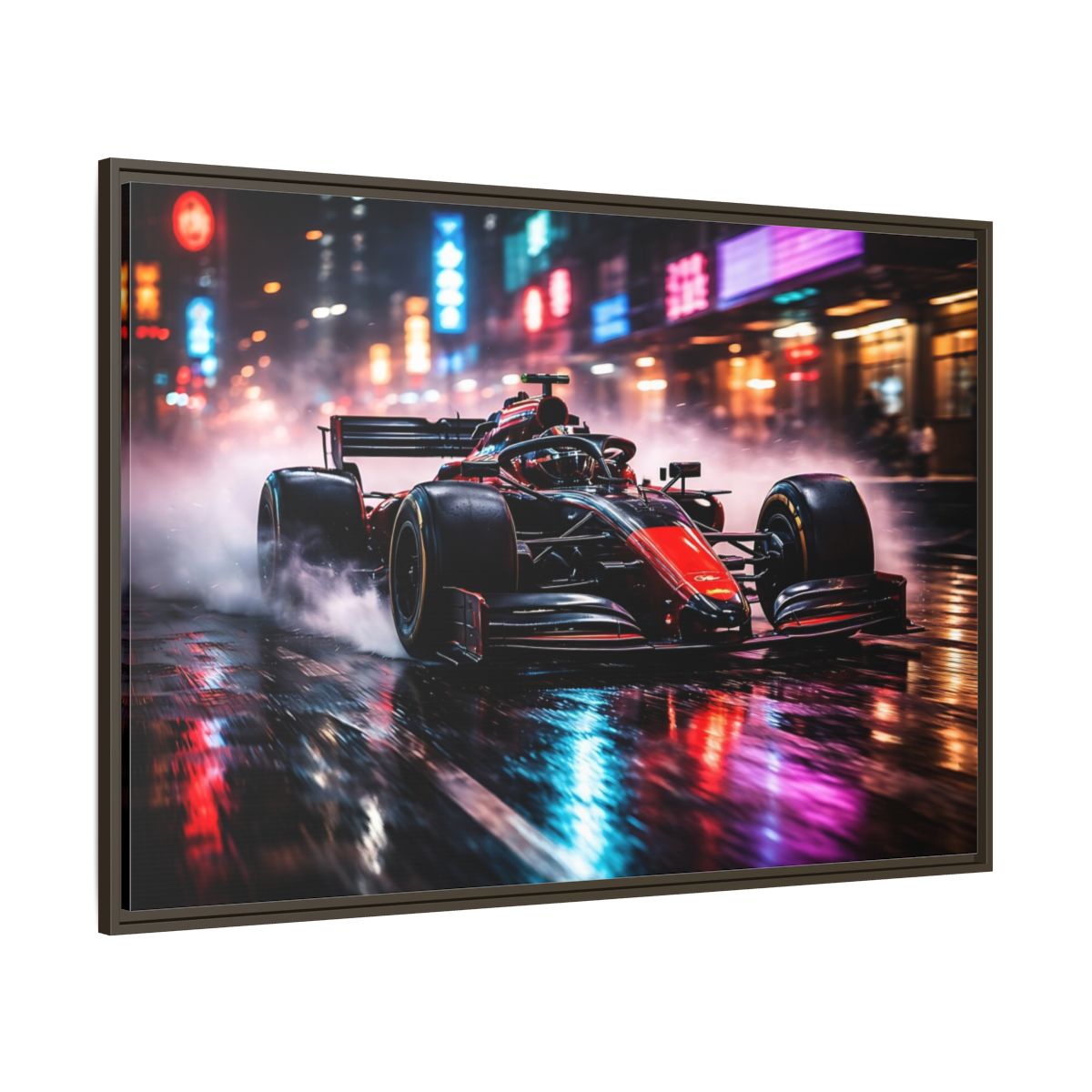 Main Mockup. Sports Race Car Red Black Neon shown as stretched canvas wall art