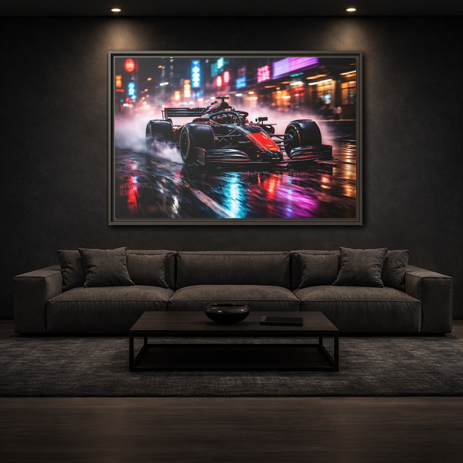 Mockup 2. Sports Race Car Red Black Neon shown as stretched canvas wall art