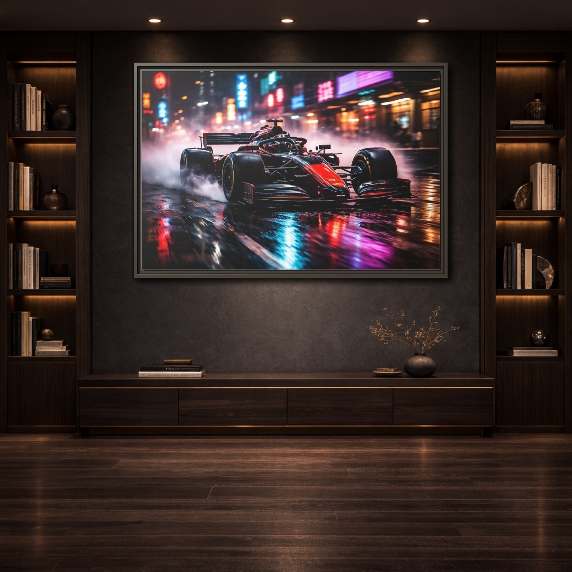 Mockup 3. Sports Race Car Red Black Neon shown as stretched canvas wall art