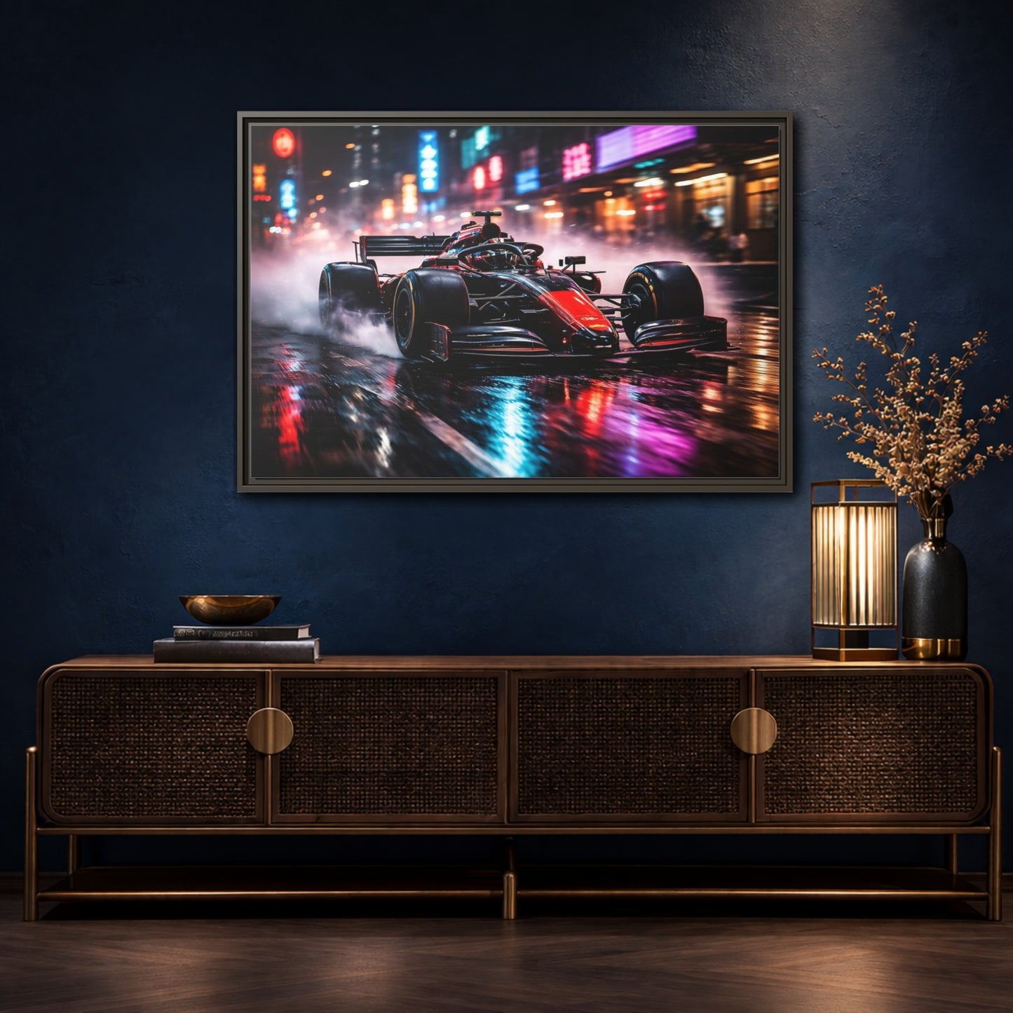 Mockup 4. Sports Race Car Red Black Neon shown as stretched canvas wall art