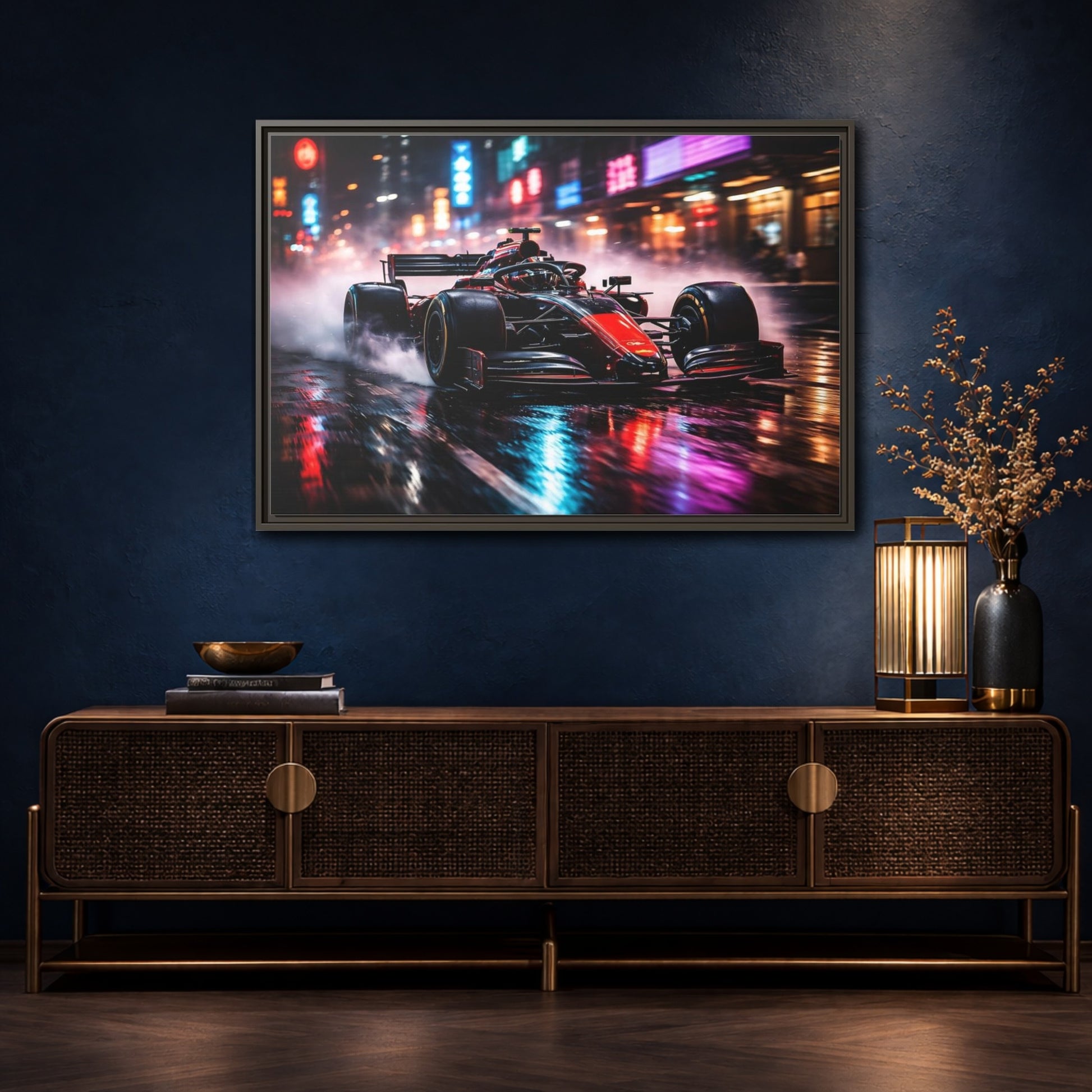 Mockup 4. Sports Race Car Red Black Neon shown as stretched canvas wall art