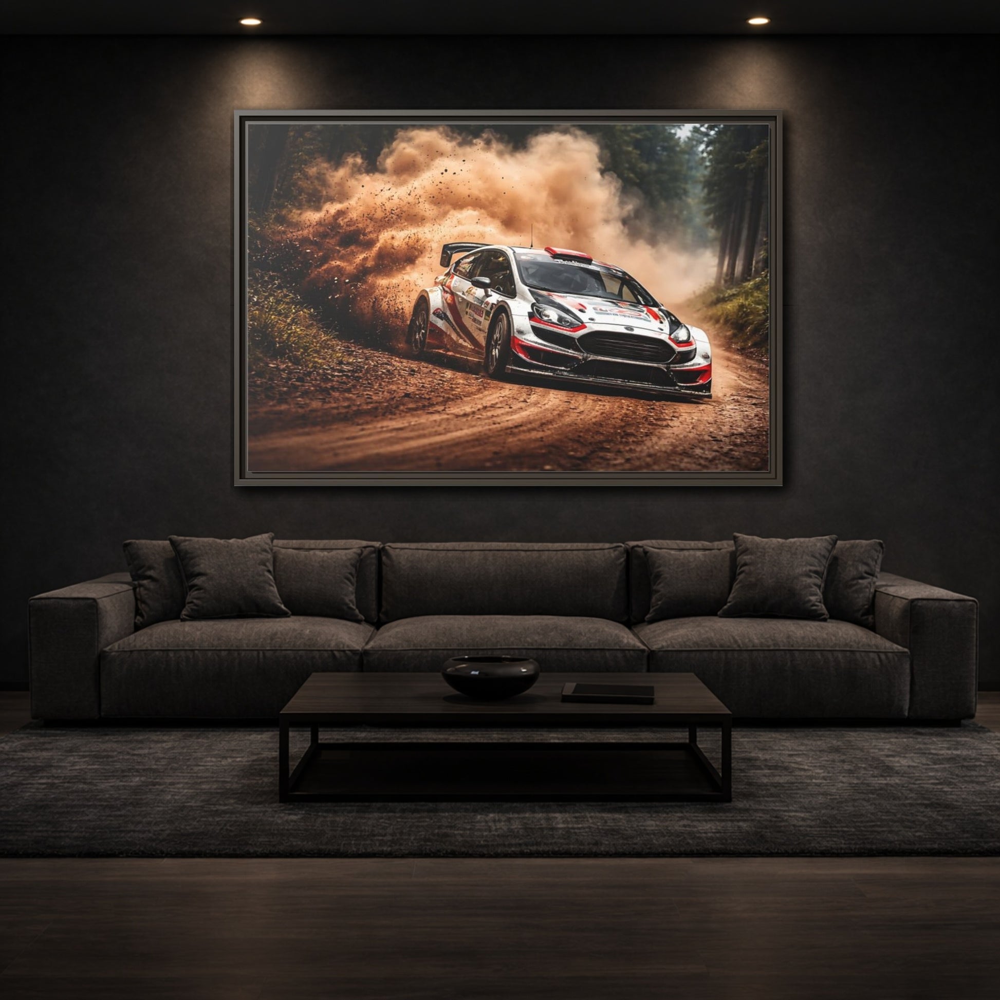 Mockup 2. Sports Rally Car Brown And White Rally shown as stretched canvas wall art