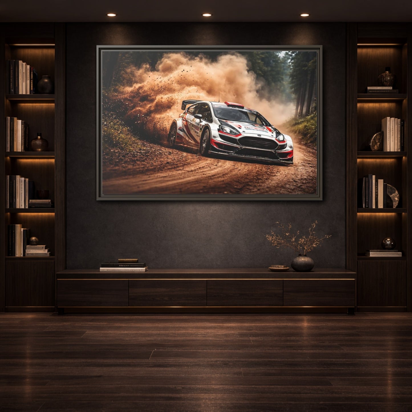 Mockup 3. Sports Rally Car Brown And White Rally shown as stretched canvas wall art